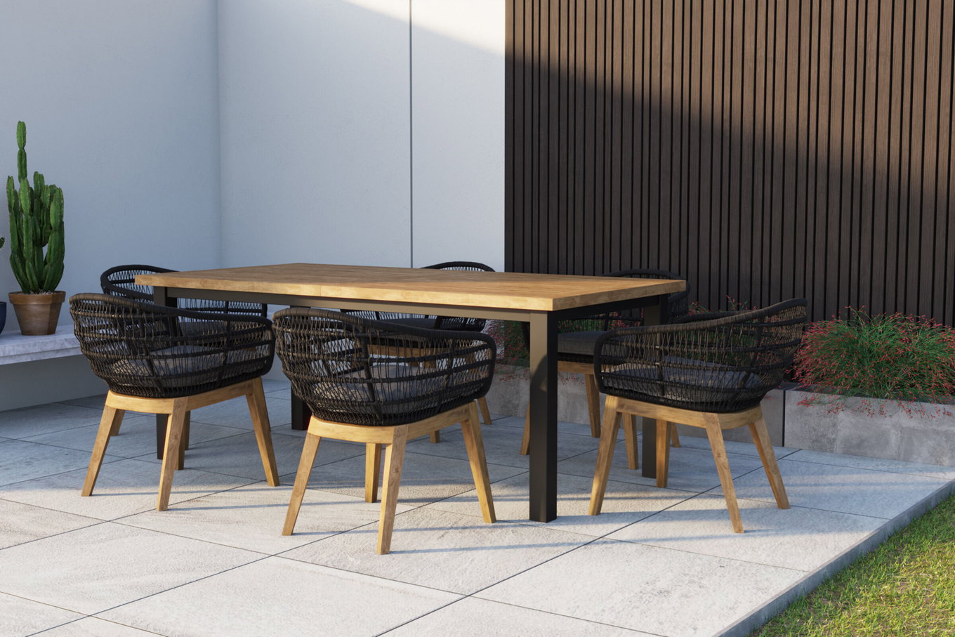 OUTFLEXX Oxford Garten-Essgruppe, anthrazit/natur, Edelstahl/recycled Teak/Rope, 200/260 x 100 cm, 6x Sessel, FSC®-zertifiziertes Produkt 24308__1