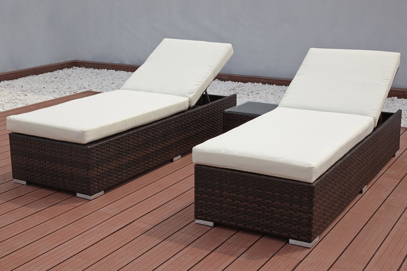 OUTFLEXX 2er-Set Sonnenliegen, braun marmoriert, Polyrattan, je 200x70x45cm, mit Beistelltisch 7761__1
