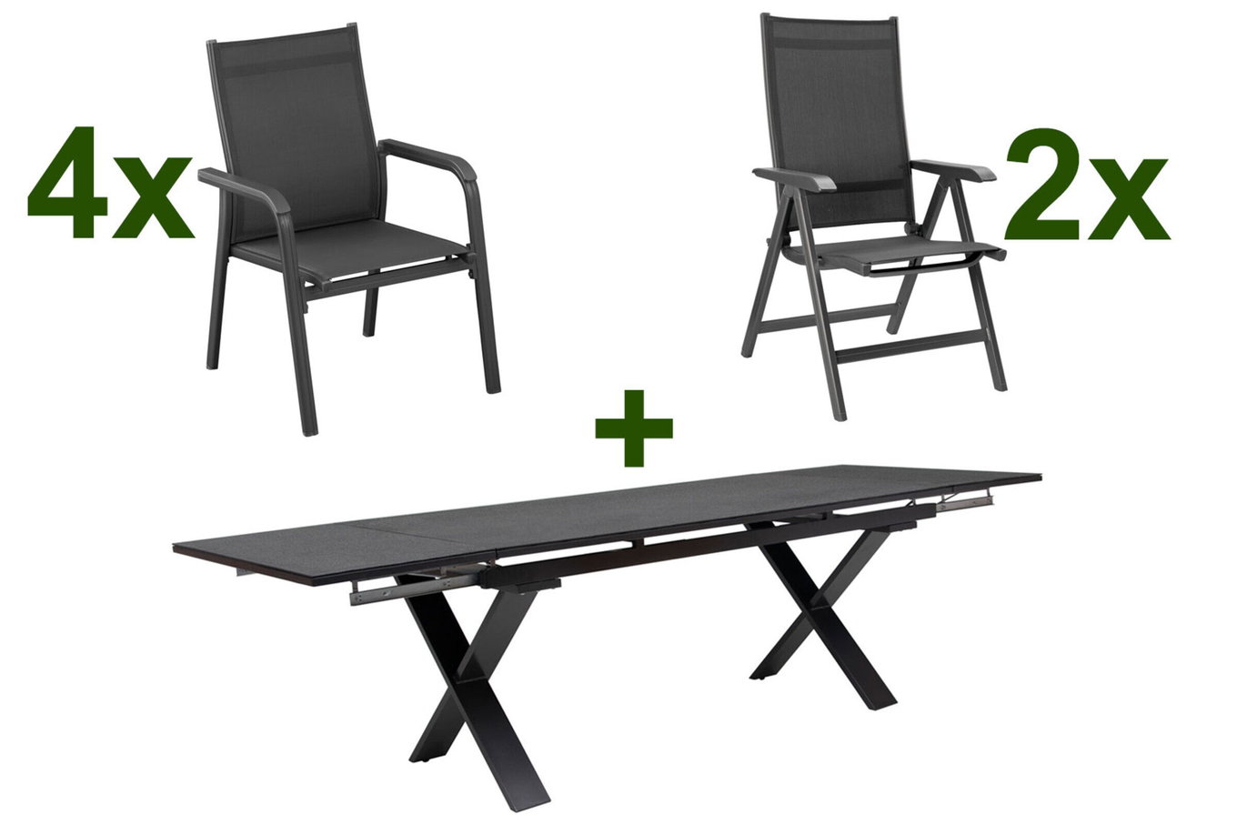 KETTLER BasicPlus Garten-Essgruppe, anthrazit, Alu / Spraystone / Textil, Tisch 180/280 x 100 cm, 4 Stapelsessel, 2 Klappstühle 23079__1