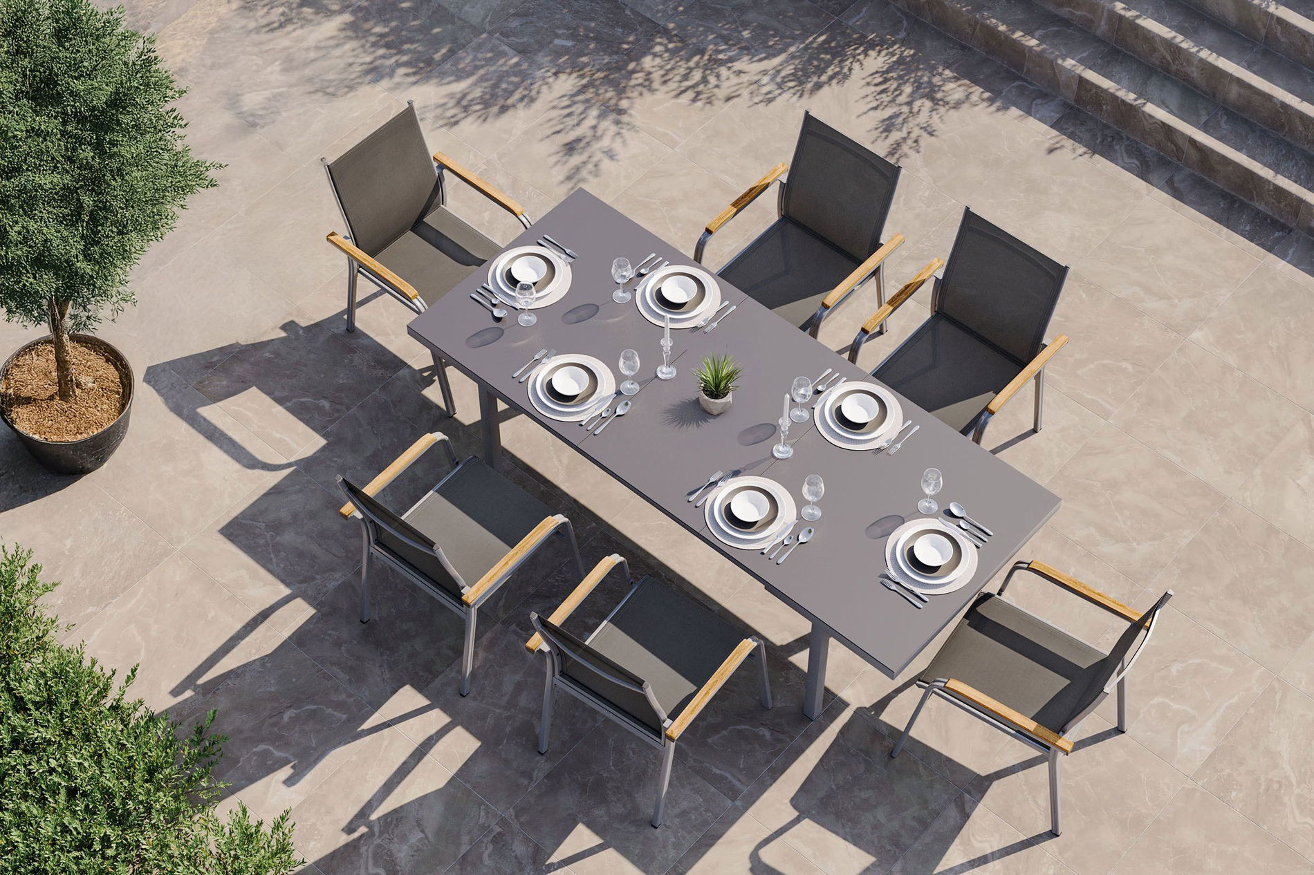 KETTLER Granada Garten-Essgruppe, silber, Alu/Textilene, Tisch 180/240x100cm, 6 Stapelsessel 19321__1