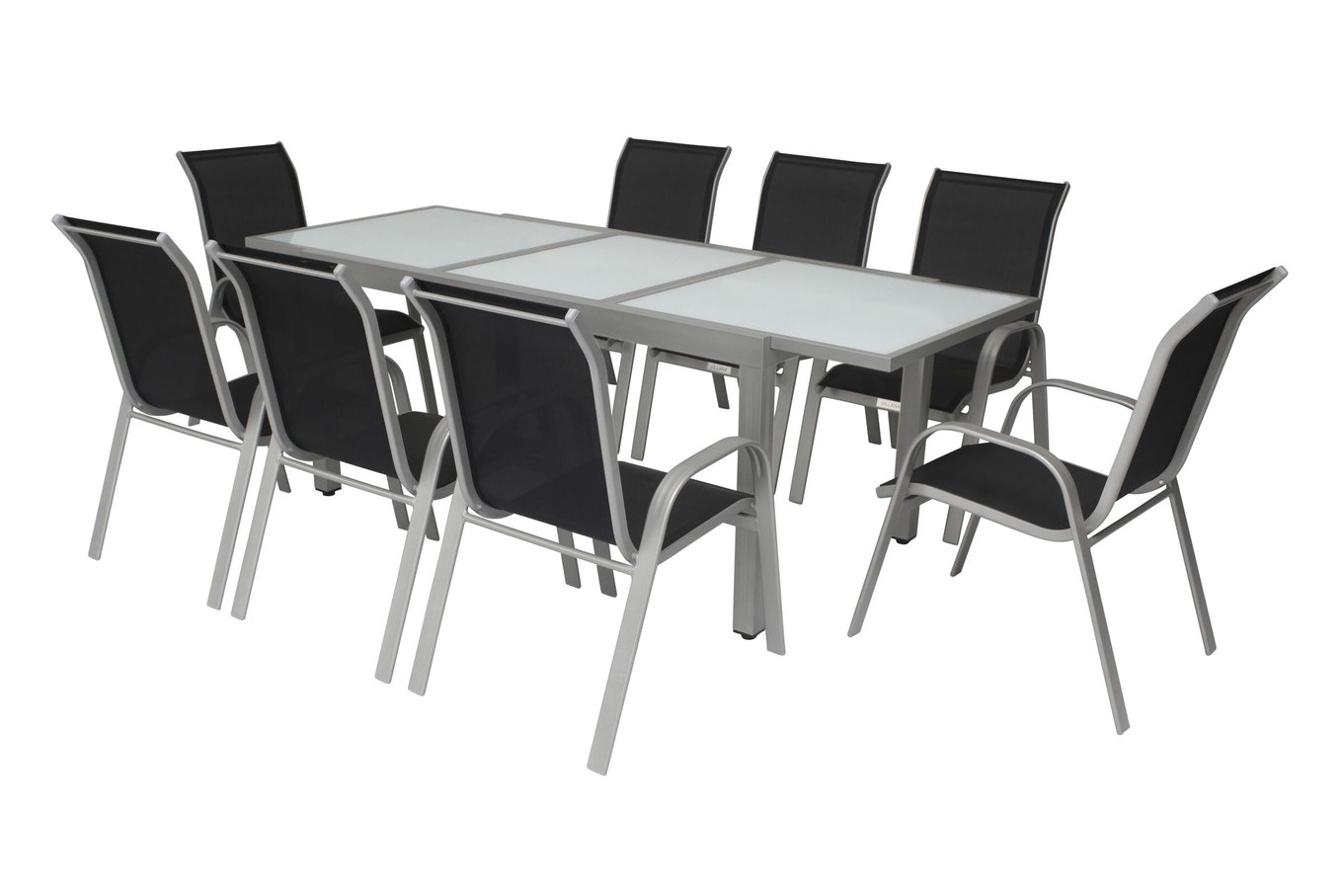 VILLANA Garten-Essgruppe, silber/schwarz, Alu/Textil, Ausziehtisch 160/220 cm, 8 Stapelstühle 13871__1
