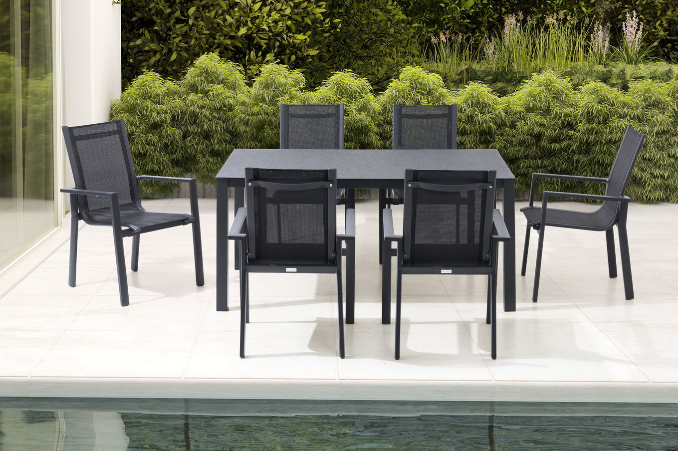 OUTFLEXX Garten-Essgruppe, anthrazit matt, Alu/Spraystone/Textilen, 160x95 cm, 6 Stapelsessel 28188__1