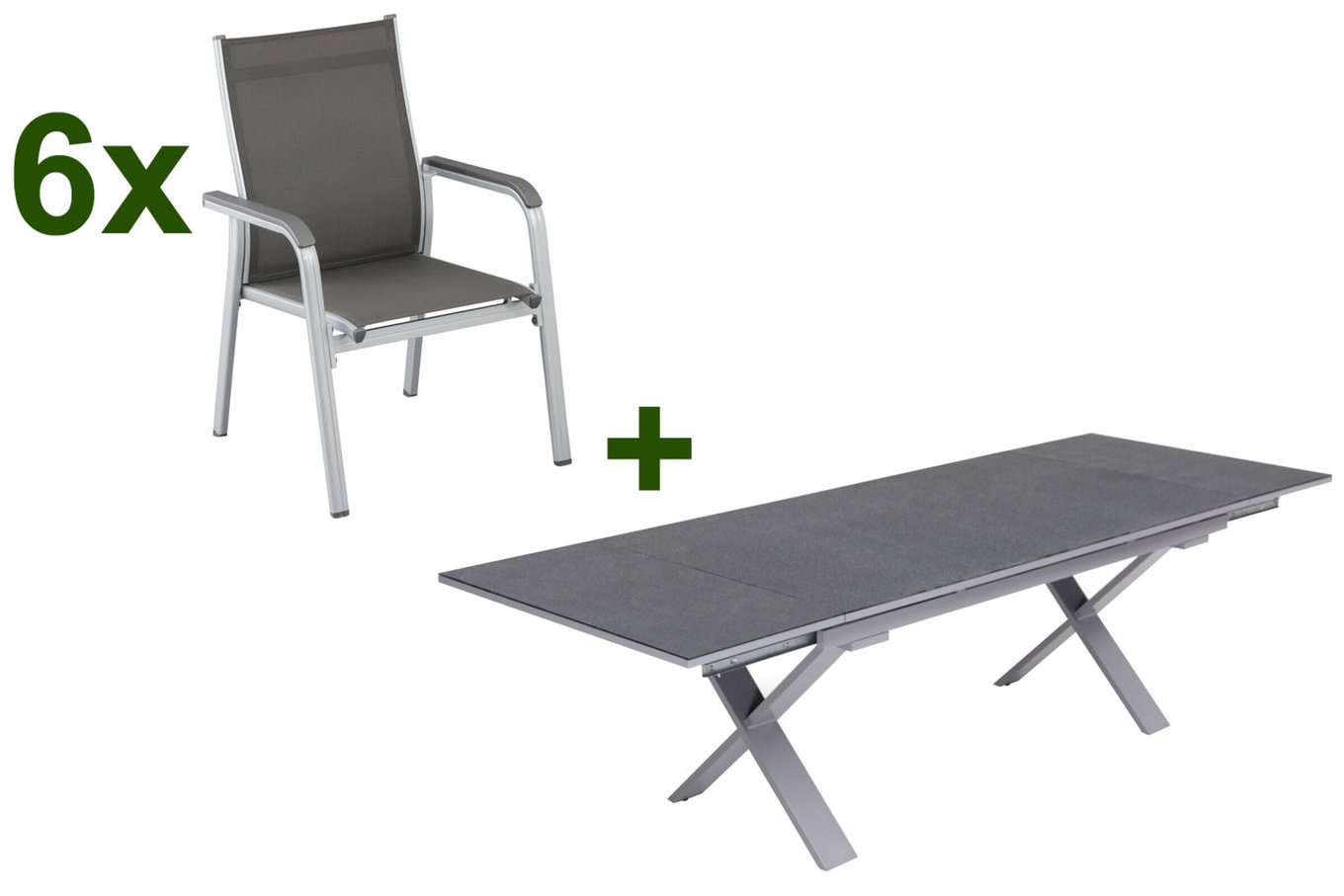 KETTLER BasicPlus Garten-Essgruppe, silber / anthrazit, Alu / Spraystone / Textil, Tisch 180/280x100cm, 6 Stapelsessel 23010__1