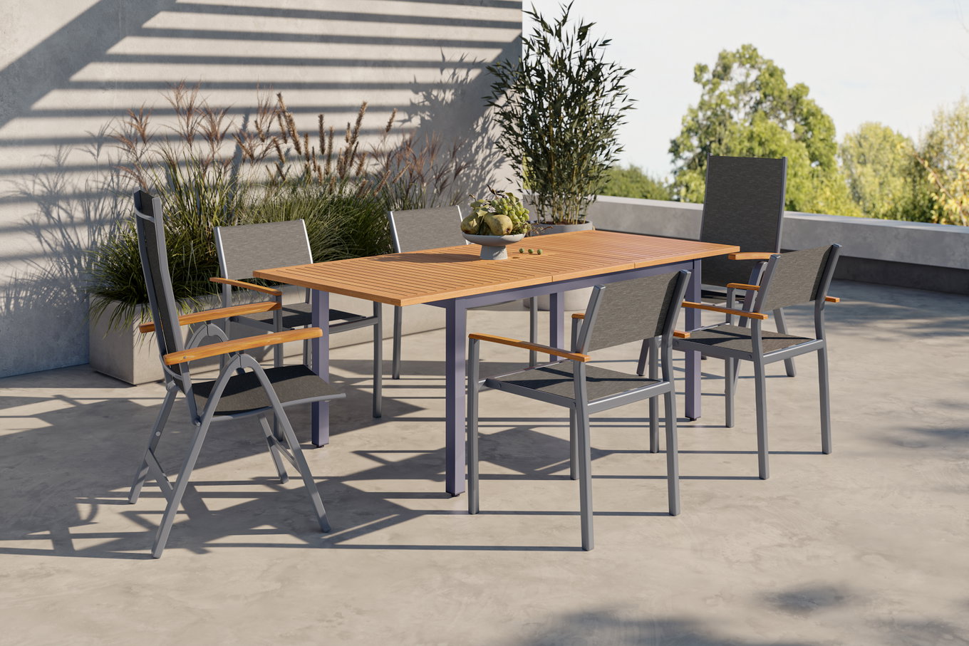 VILLANA Garten-Essgruppe, anthrazit, Alu/Eukalyptus, Tisch 150/200 x 90 cm, 6 Sitzplätze, robust, stapelbar, FSC®-zertifiziertes Produkt 80362__1