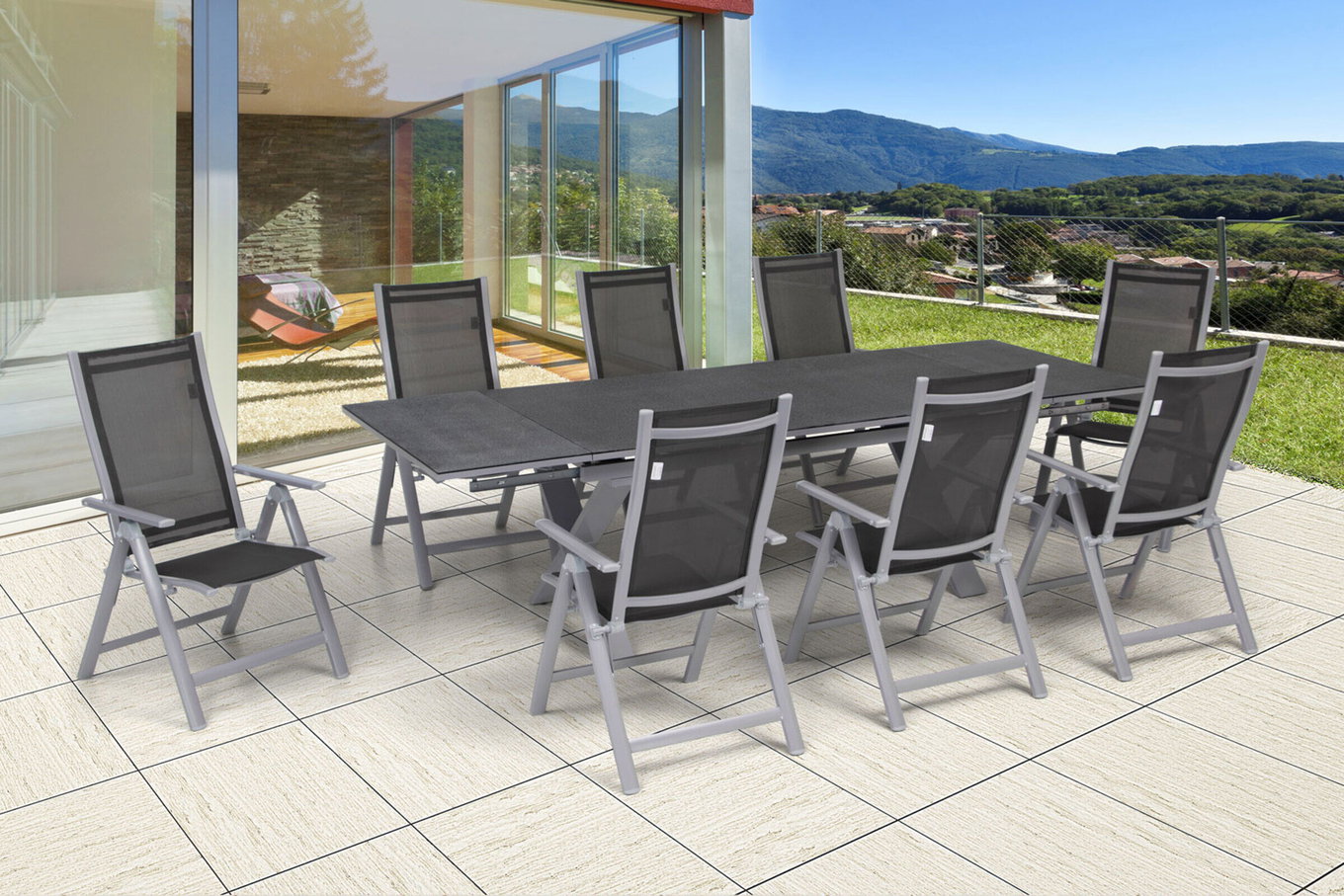 OUTFLEXX Garten-Essgruppe, silber, Alu / Spraystone / Textil, Tisch 180/280x100cm, 8 Klappstühle 22212__1