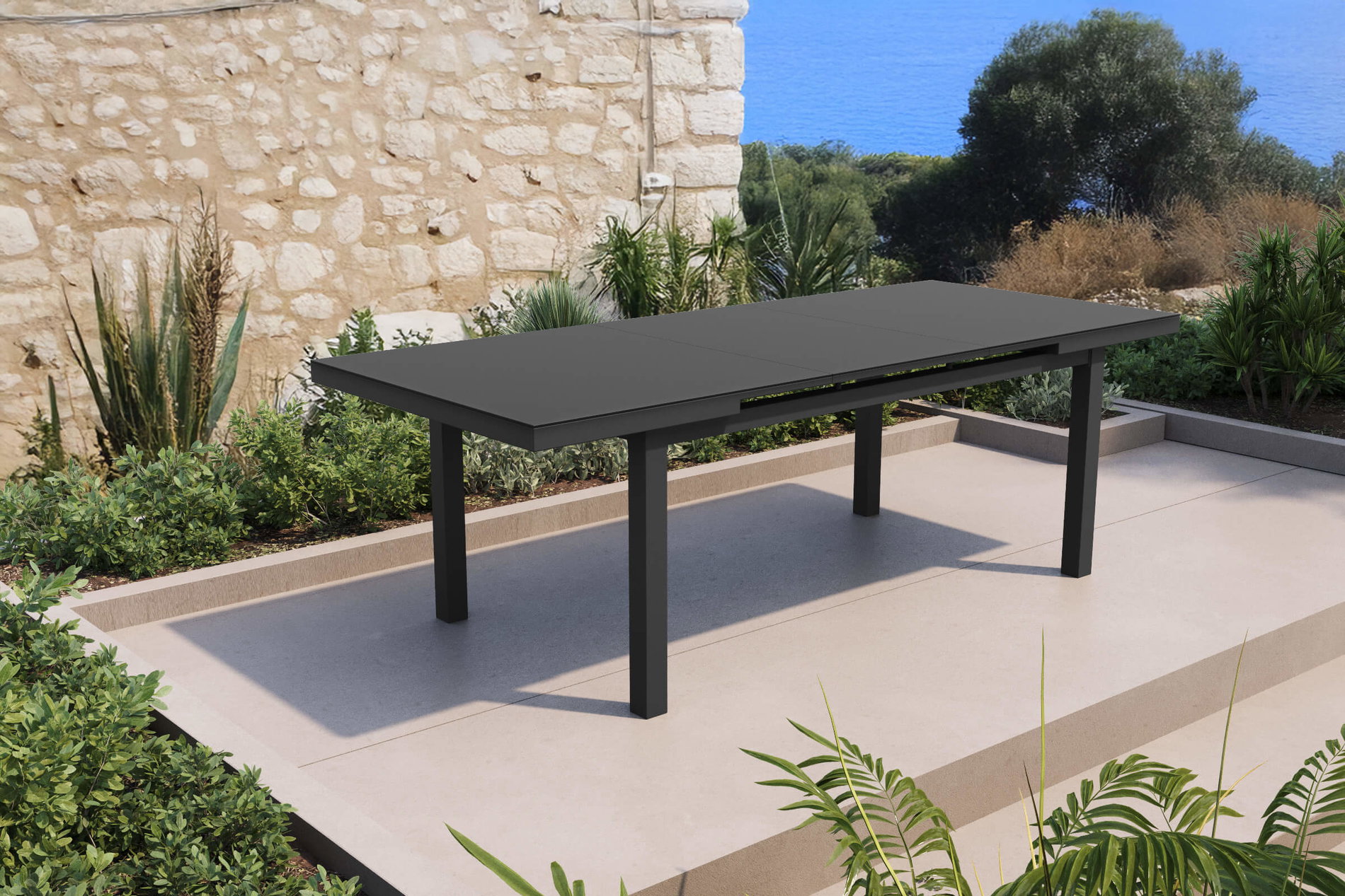 OUTFLEXX Premium Ausziehtisch, anthrazit/grau, Aluminium/Glas, 180/240x100cm, automatischer Ausziehmechanismus