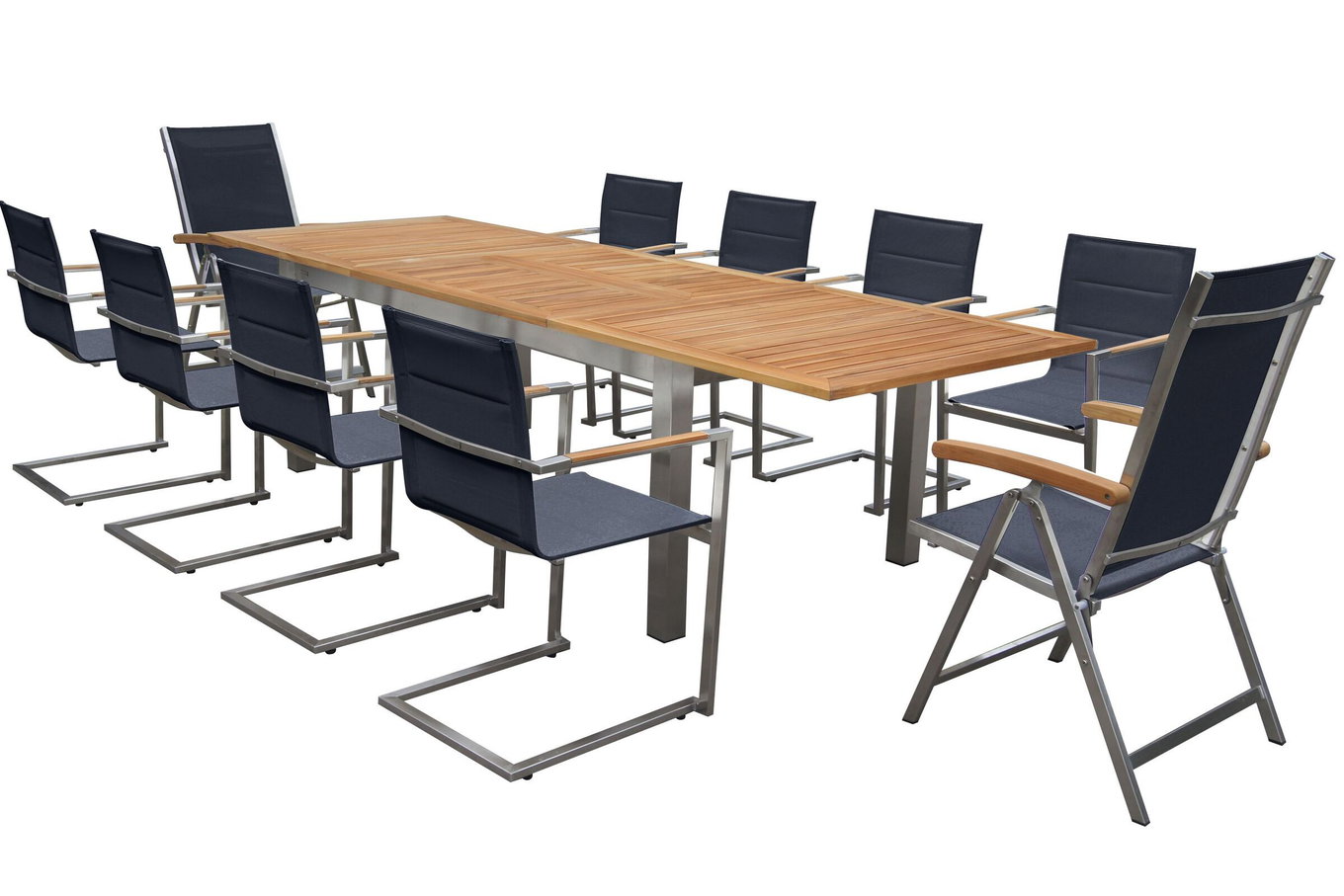 OUTFLEXX Garten-Essgruppe, schwarz, 200/300 x 100 cm, Edelstahl/Teak, Ausziehtisch, 6 Stühle padded, 2 Klappstühle, FSC®-zertifiziertes Produkt 14157__1