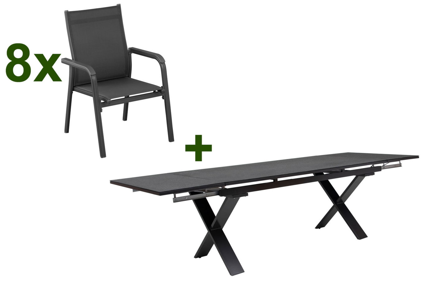 KETTLER BasicPlus Garten-Essgruppe, anthrazit, Alu / Spraystone / Textil, Tisch 180/280x100cm, 8 Stapelsessel 23077__1