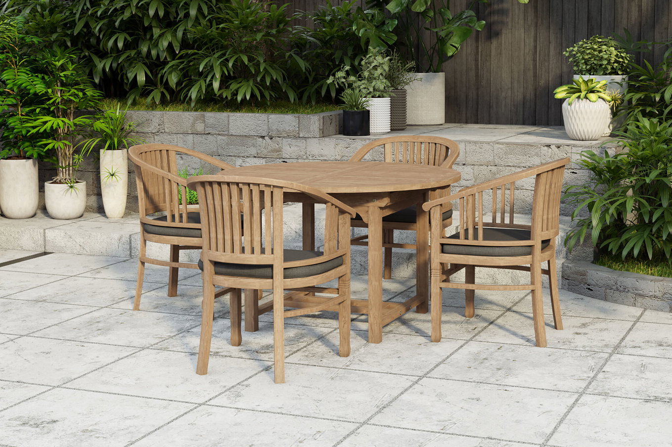 OUTFLEXX Dallas/Batavia Garten-Essgruppe, natur, Teak, 120/170x120 cm, 4x Armlehnensessel, inkl. Auflage 24350__1