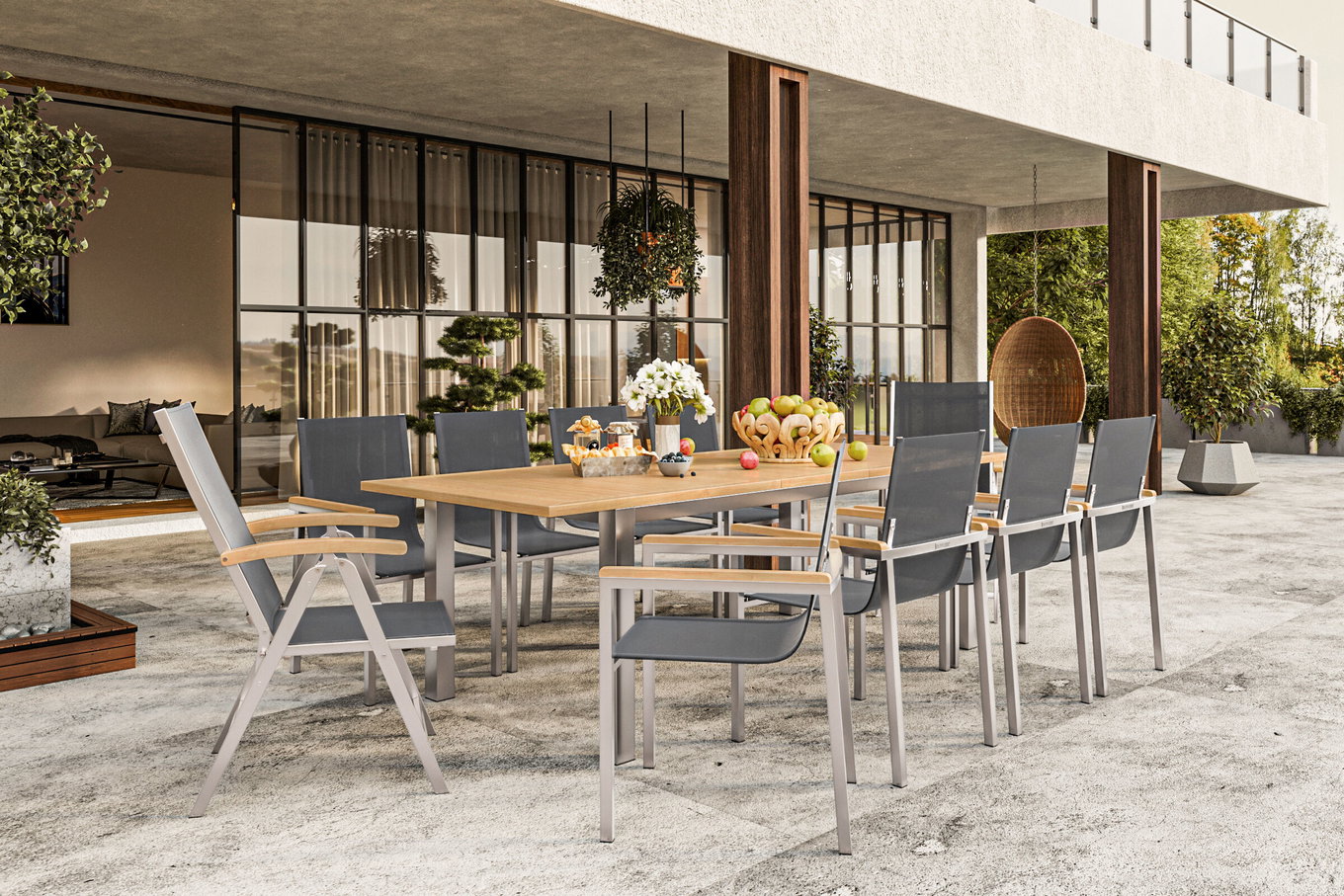 OUTFLEXX Garten-Essgruppe, schwarz, 200/300 x 100 cm, Edelstahl/Teak, Ausziehtisch, 8 Stapelstühle, 2 Klappstühle, FSC®-zertifiziertes Produkt 14153__1