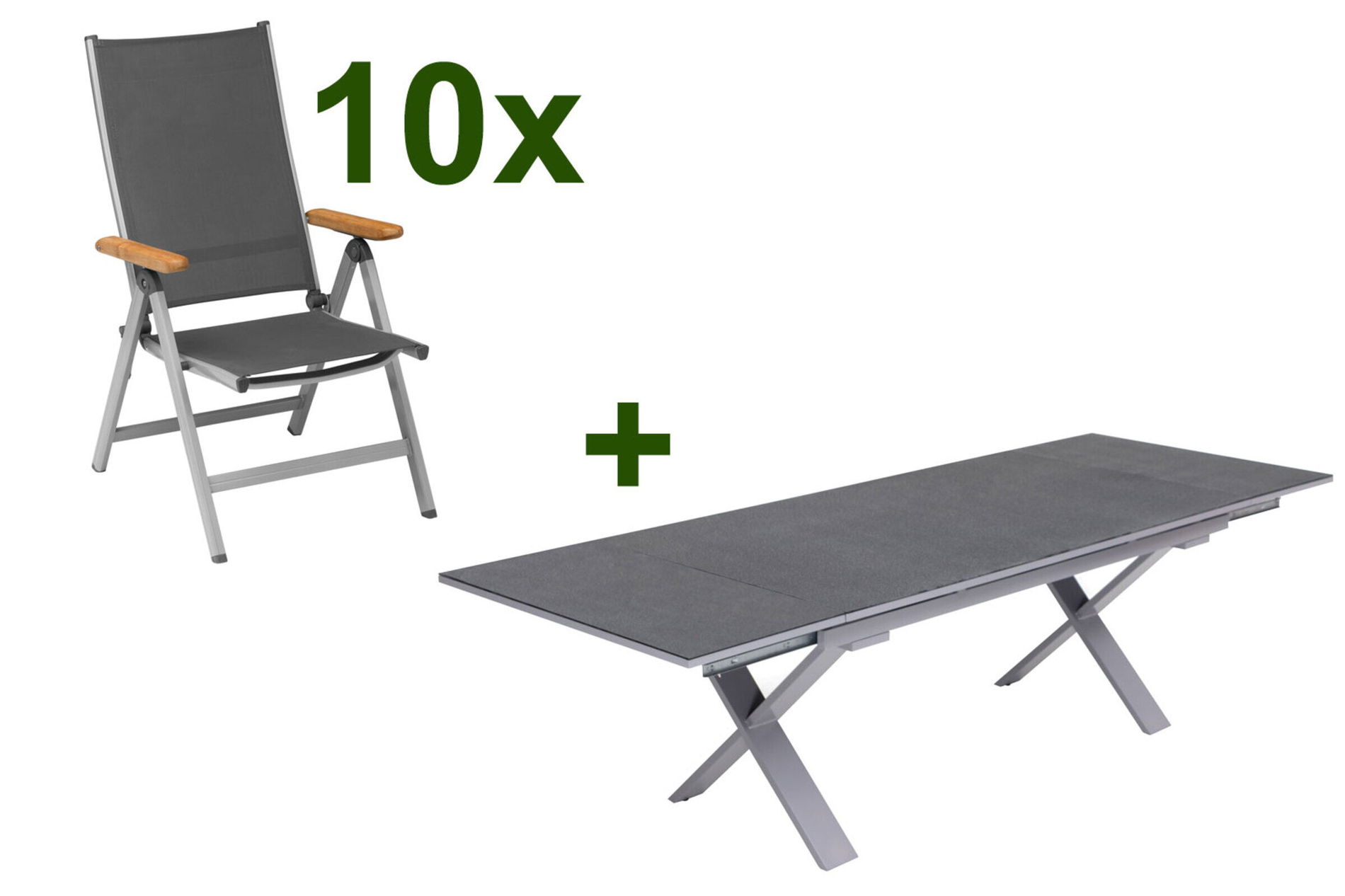 KETTLER Granada Garten-Essgruppe, silber / anthrazit, Alu / Spraystone / Teak, Tisch 180/280x100cm, 10 Klappstühle 23018__1