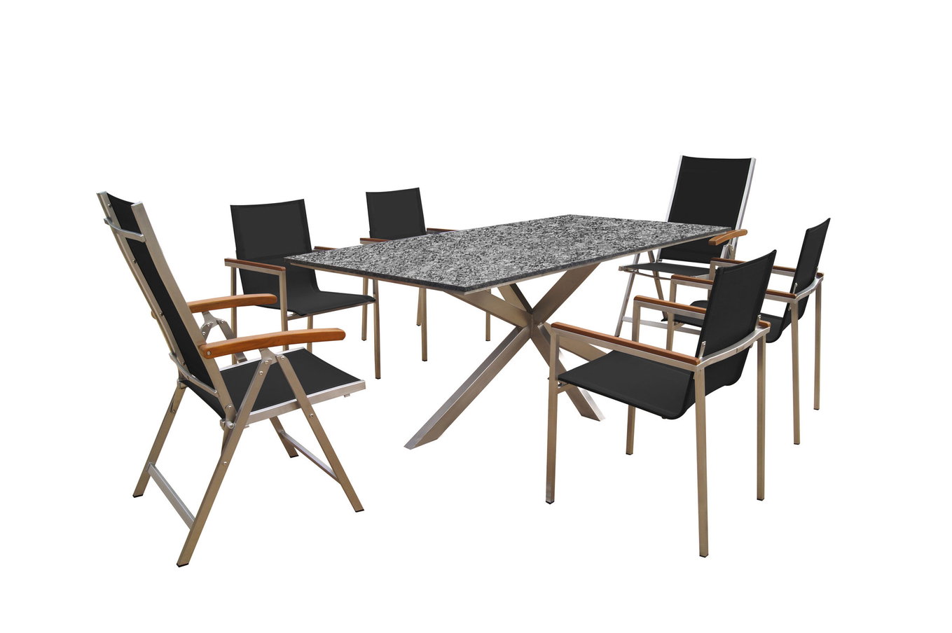OUTFLEXX Garten-Essgruppe, silber/schwarz, Edelstahl/Granit/Textil, 200x100 cm, 4 Gartensessel, 2 Klappstühle, Armlehnen aus Teak 22786__1