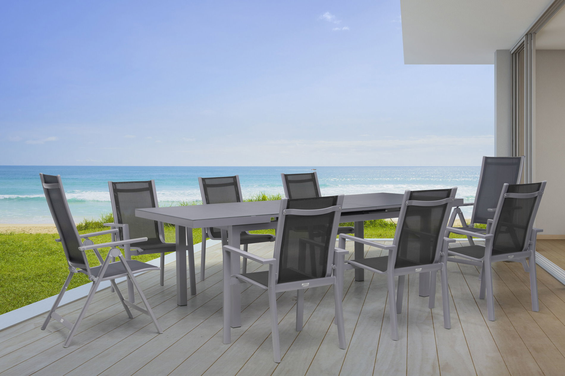 OUTFLEXX Premium Garten-Essgruppe, silber/grau, Alu/Textilene, Ausziehtisch 180/240 x 100 cm, 6 Stapel-, 2 Klappstühle 21436__1