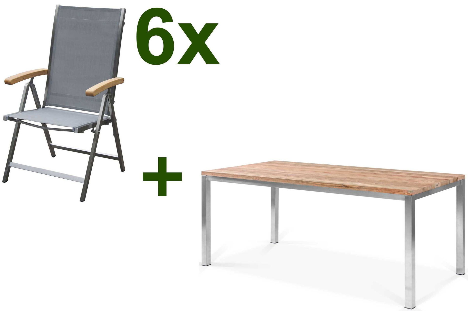 OUTFLEXX Garten-Essgruppe, Edelstahl/recyceltes Teak, Tisch 180 x 90 cm, 6 Klappstühle, silber, FSC®-zertifiziertes Produkt 17290__1