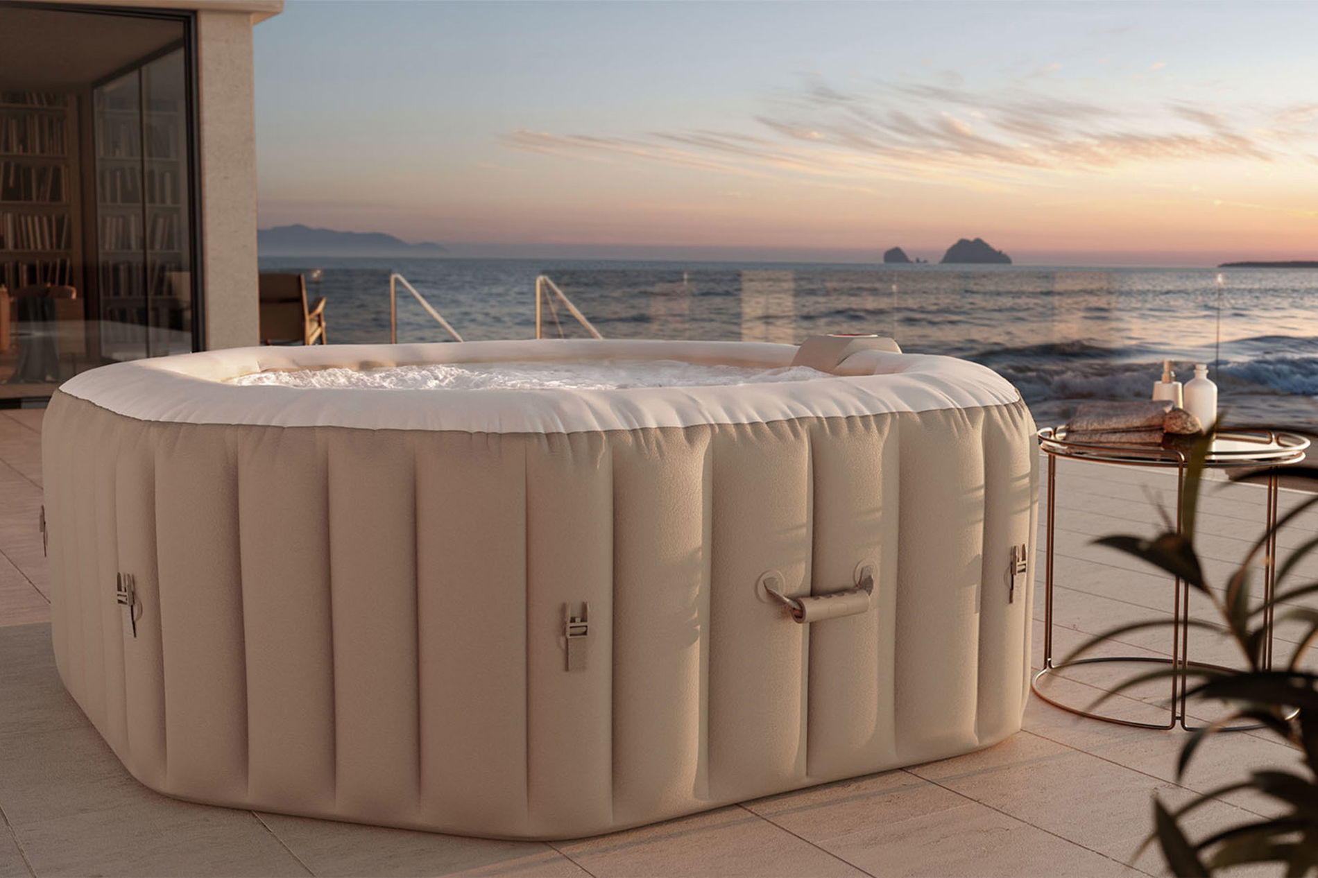 OUTFLEXX Tulum Whirlpool, beige/weiß, PVC laminiert, ⌀ 195 x 65 cm, aufblasbar, mit Massagedüsen, integriertes Ablassventil, UV-beständig