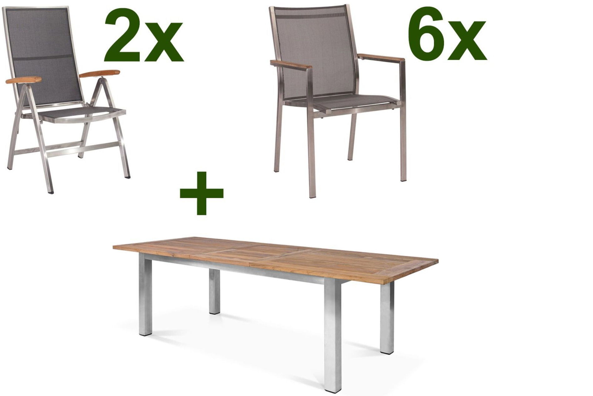 STERN Cardiff Garten-Essgruppe, silber/silbergrau, Edelstahl/recyceltes Teak, Tisch 200/260 x 100 cm, 6 Stapel-, 2 Klappstühle, FSC®-zertifiziertes Produkt 19757__1