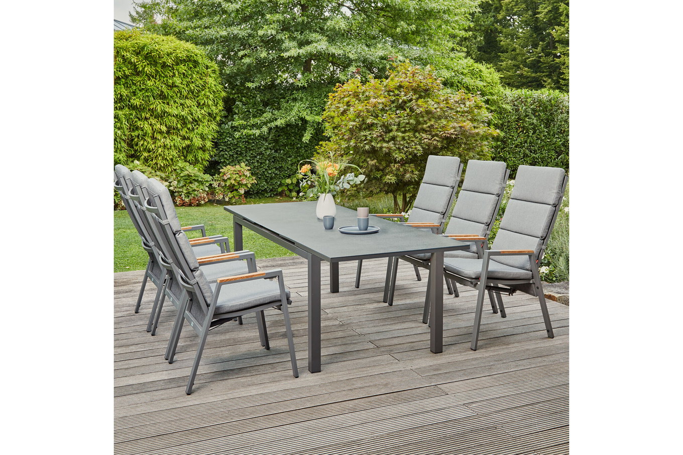 SIENA GARDEN Savona/Miros Garten-Essgruppe, matt graphit/grau, Alu/Teak/Spraystone/Texfabric, Tisch 180/240x90 cm, 6 Stapelsessel 22053__1