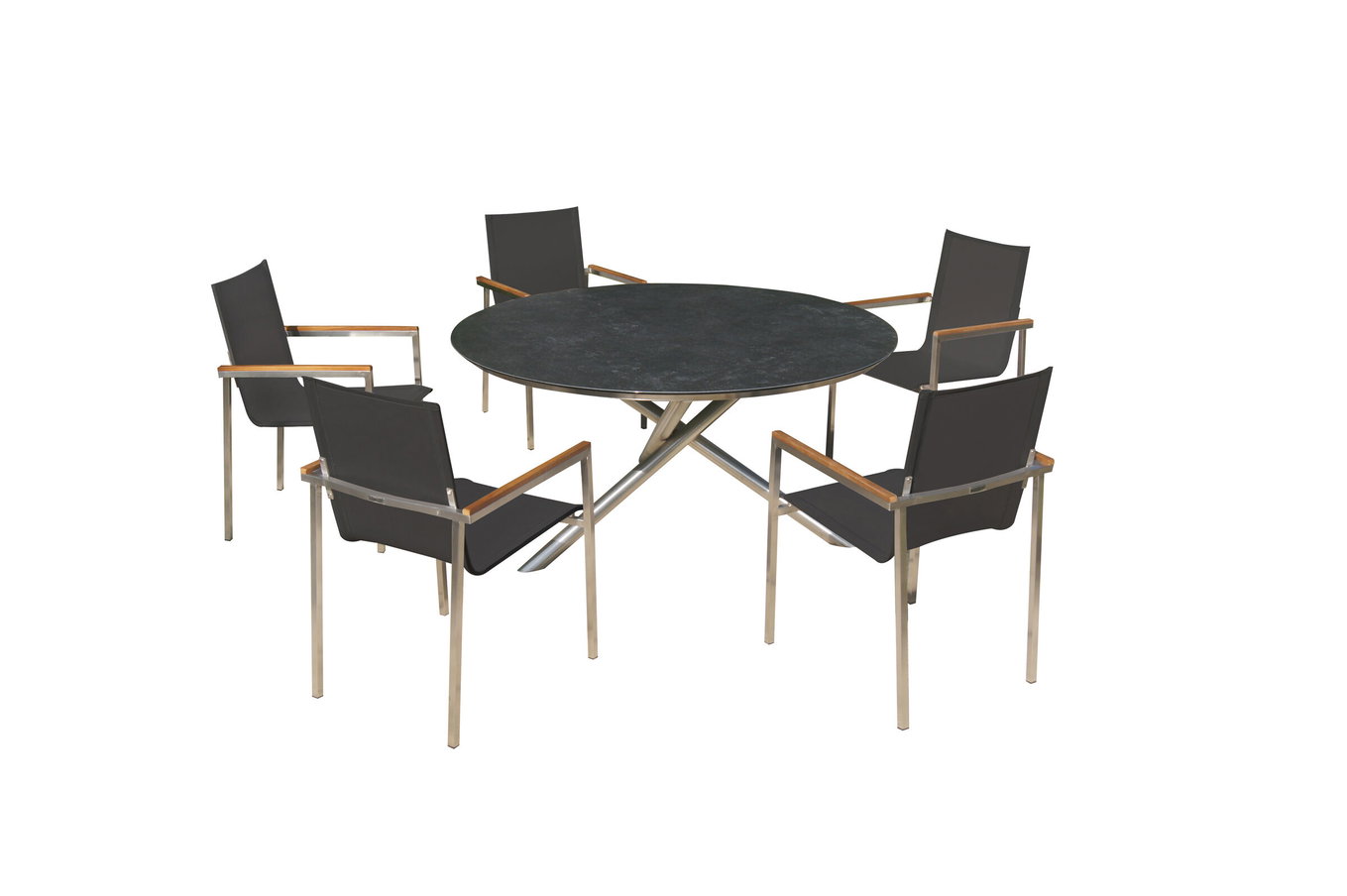 OUTFLEXX Garten-Essgruppe, silber/schwarz, Edelstahl/Glaskeramik/Textilene/Teak, Tisch Ø150cm, 5 Sessel 24041__1