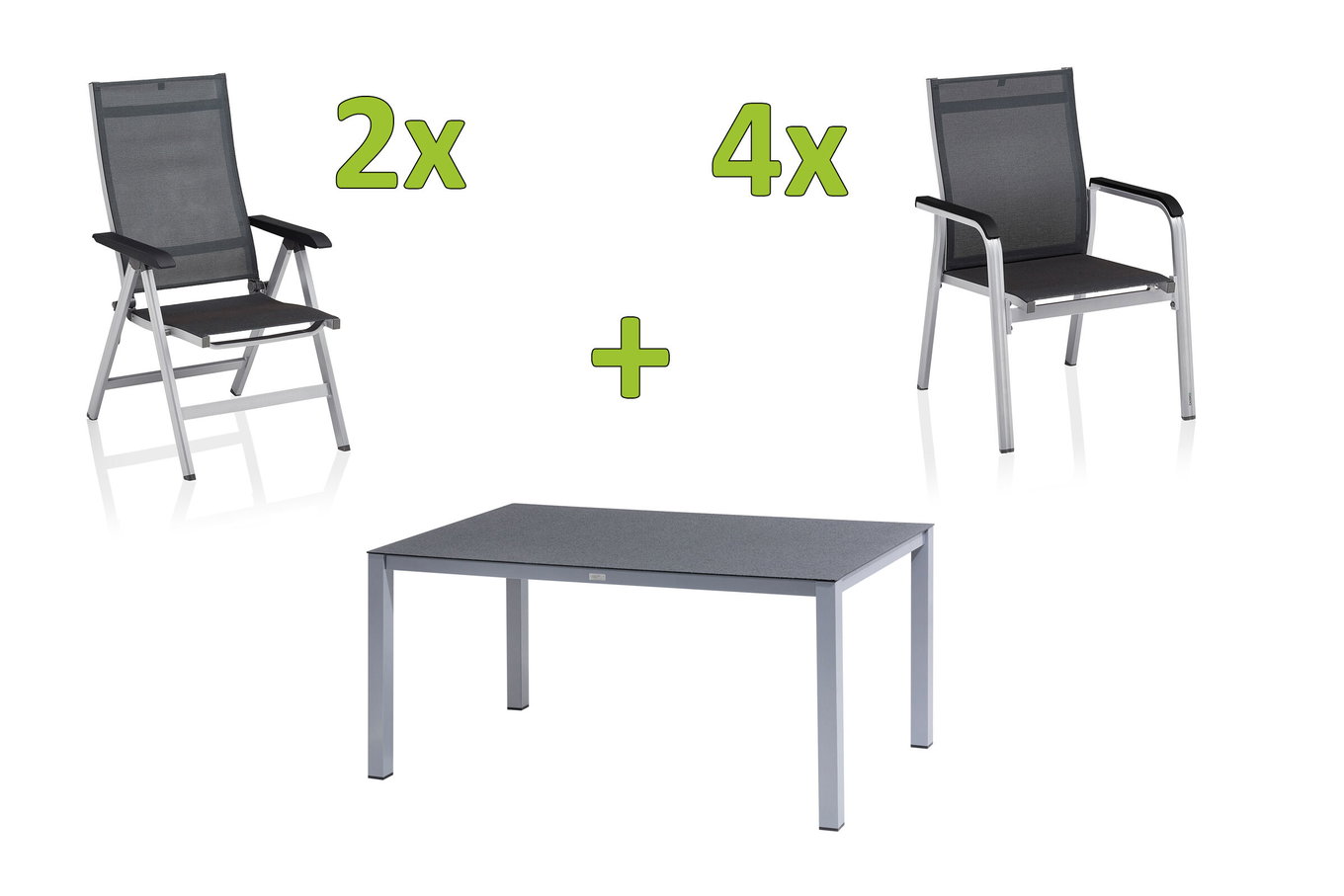 KETTLER BasicPlus Premium Garten-Essgruppe, silber, Alu/Spraystone, Tisch 160x95 cm, 4 Stapelsessel-, 2 Klappstühle 31574__1