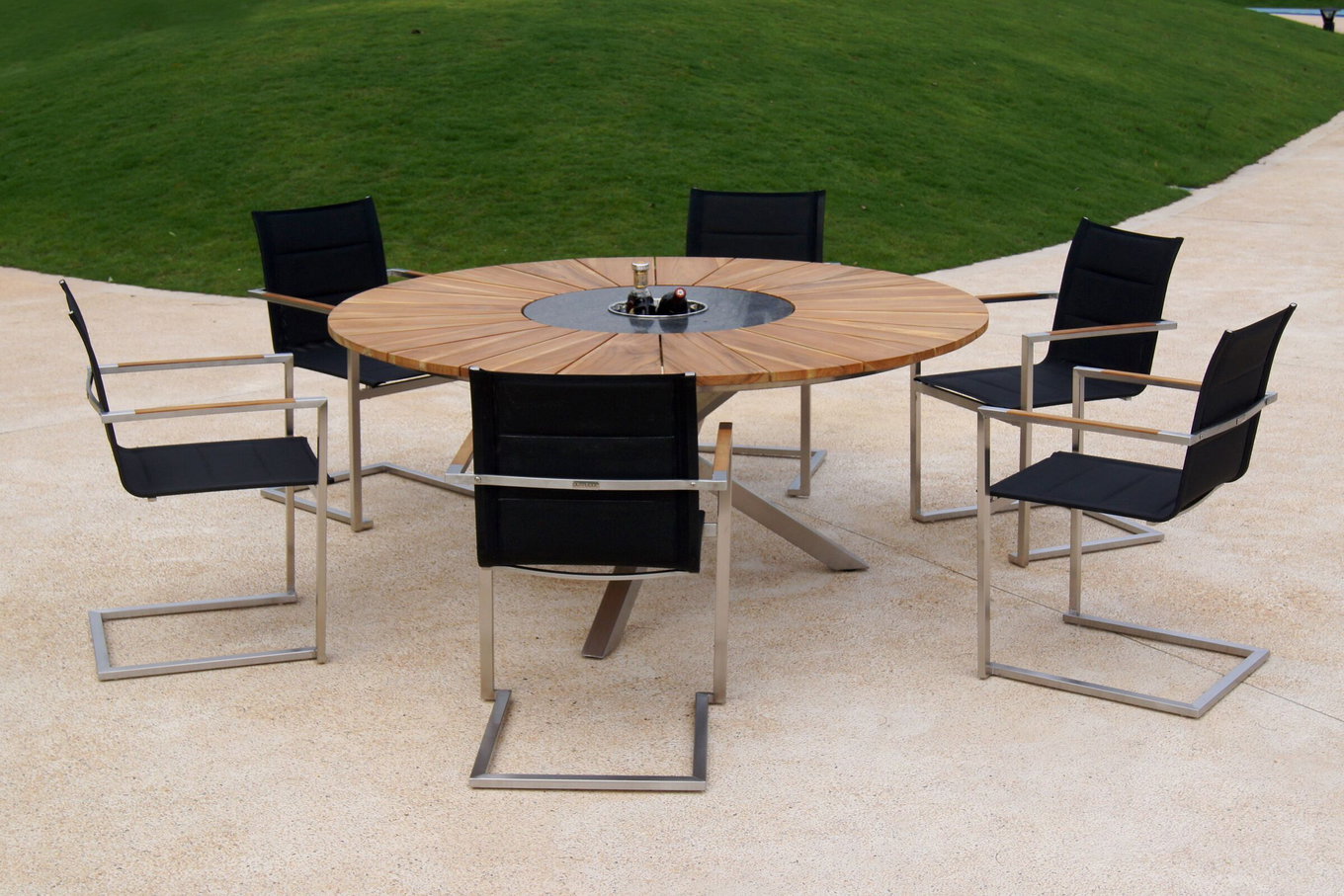 OUTFLEXX Garten-Essgruppe, schwarz, Edelstahl/Teak, Ø 170 cm, 6 Freischwinger, inkl. drehbarer Granitplatte + Eiskühler, FSC®-zertifiziertes Produkt 16570__1