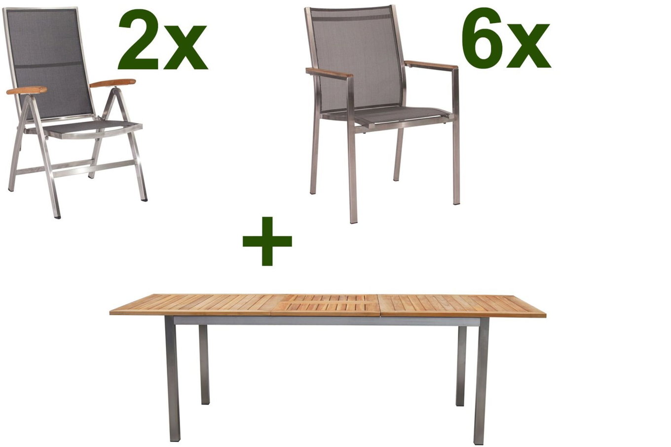 STERN Cardiff Garten-Essgruppe, silber/silbergrau, Edelstahl/Teak, Tisch 180/240 x 100 cm, 6 Stapel-, 2 Klappstühle, FSC®-zertifiziertes Produkt 19739__1