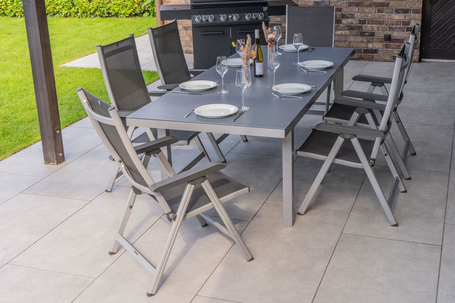 KETTLER BasicPlus Garten-Essgruppe, silber, Alu/Textilene, Tisch 180/240x100cm, 6 Klappstühle