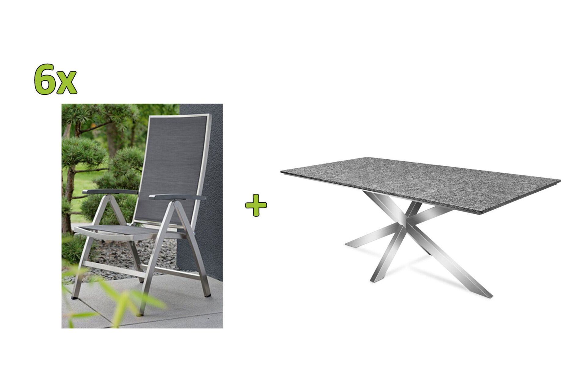 STERN Garten-Essgruppe, silbergrau/grau, Edelstahl/Textilene, Tisch 200 x 100 cm, 6 Klappstühle 22907__1