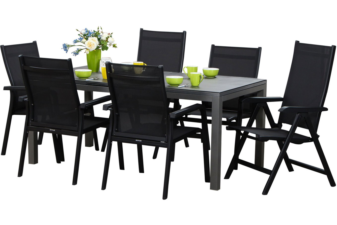 KETTLER Basic Plus Garten-Essgruppe, anthrazit/anthrazit, Alu/Textilene, 180/240x90cm, 4 Stapel-, 2 Klappstühle 17231__1