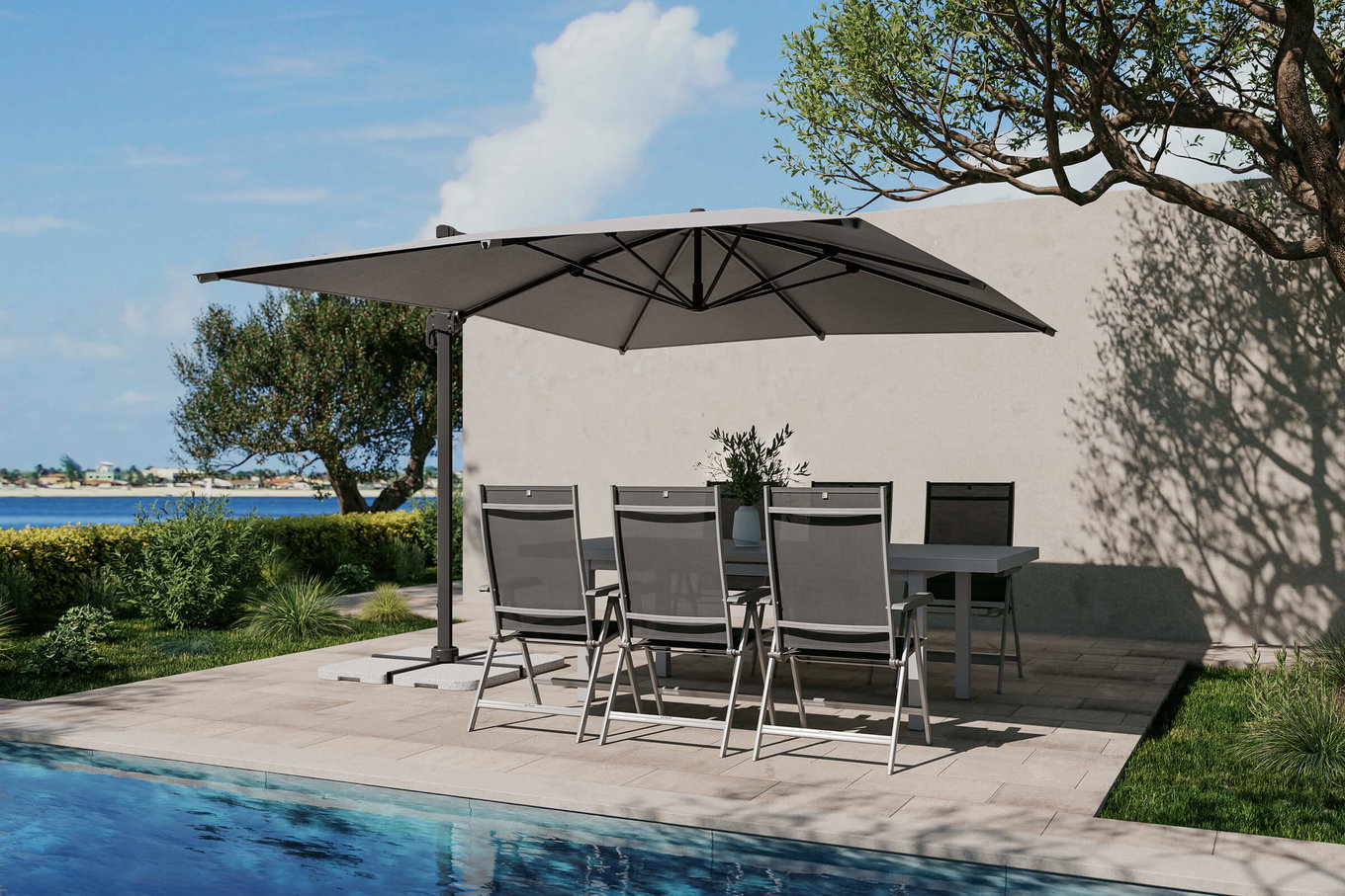 OUTFLEXX Almeria Gartenmöbel-Set Essgruppe inkl. Ampelschirm, anthrazit/silber, Alu/Textilene/Textilene, 180/240 x 100 cm, ausziehbar, klappbar, UV-beständig 80569__1