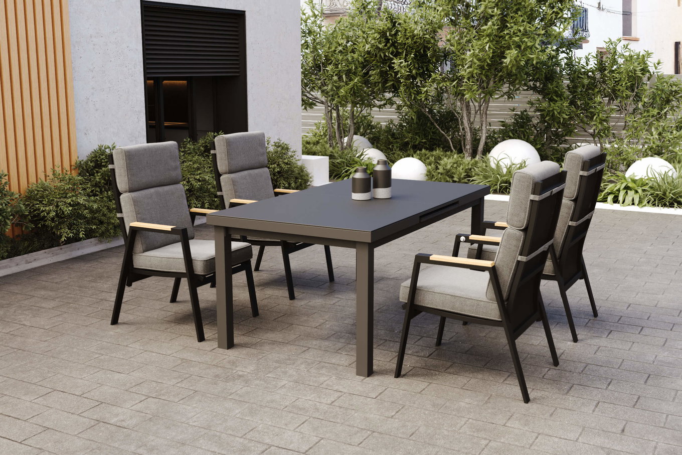 OUTFLEXX Korba Garten-Essgruppe mit 4 Sesseln, anthrazit matt, Alu/Teak, ausziehbarer Tisch 180/240 x 100 cm, inkl. Polster 80589__1