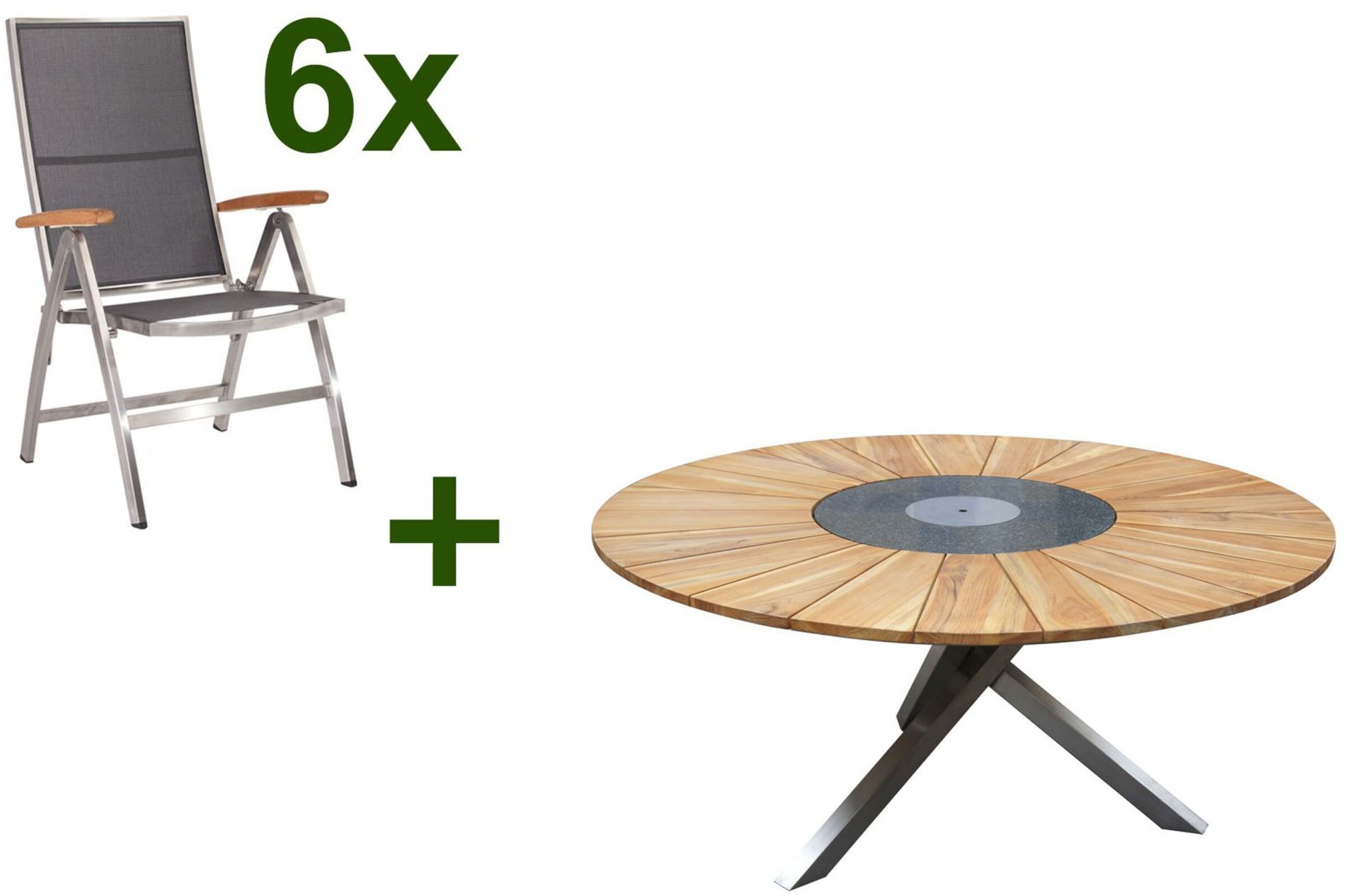 STERN Cardiff Garten-Essgruppe, silber/silbergrau, Edelstahl/Teak, Tisch Ø 170 cm, 6 Klappstühle, FSC®-zertifiziertes Produkt 19752__1