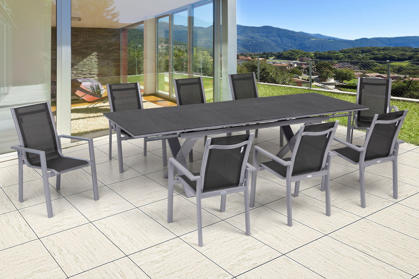 OUTFLEXX Garten-Essgruppe, silber, Alu / Keramik / Textil, Tisch 180/280x100cm, 8 Stapelsessel 22215__1