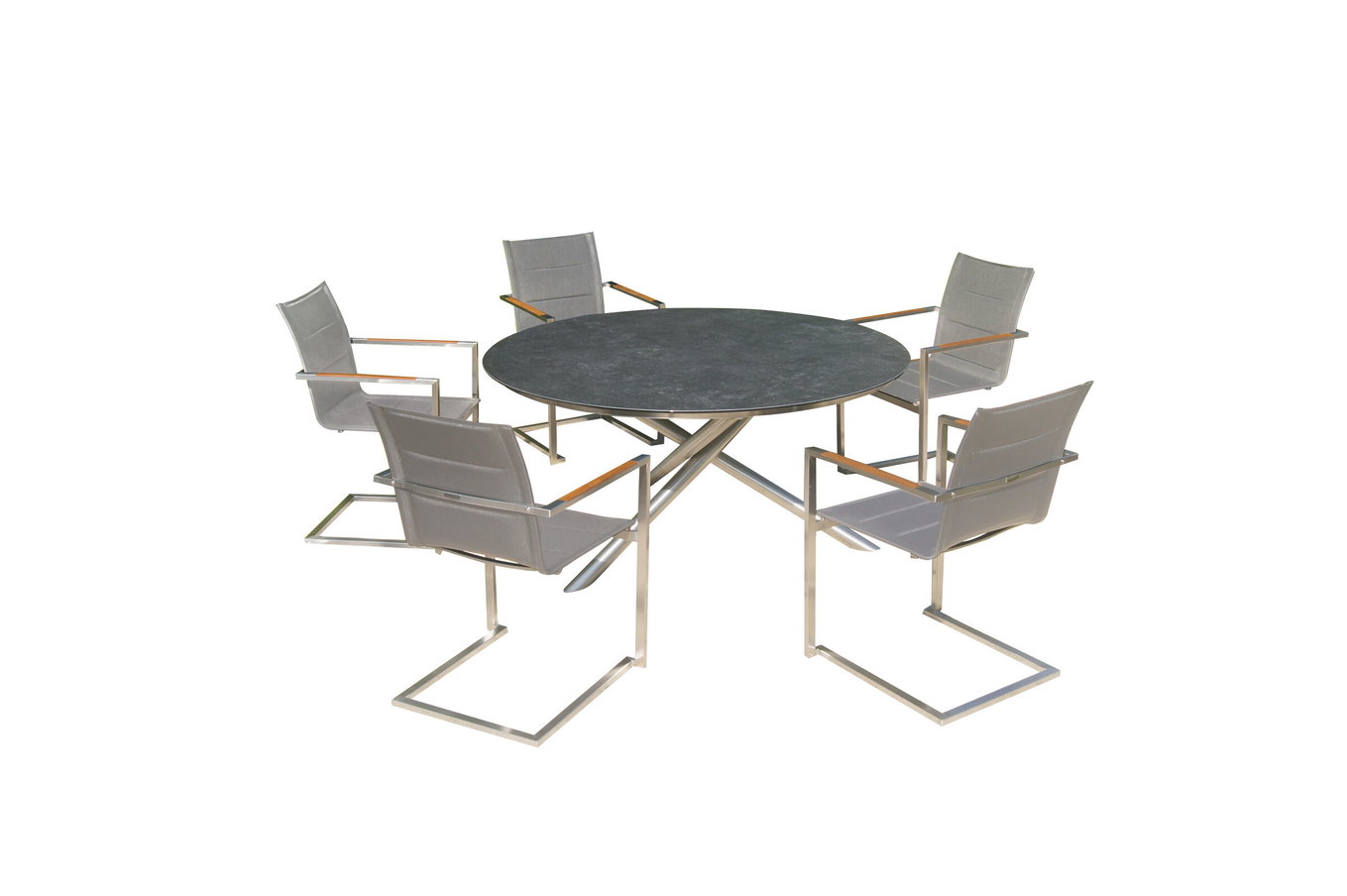 OUTFLEXX Garten-Essgruppe, silber/grau, Edelstahl/Glaskeramik/Textilene/Teak, Tisch Ø150cm, 5 Freischwinger, padded 24043__1