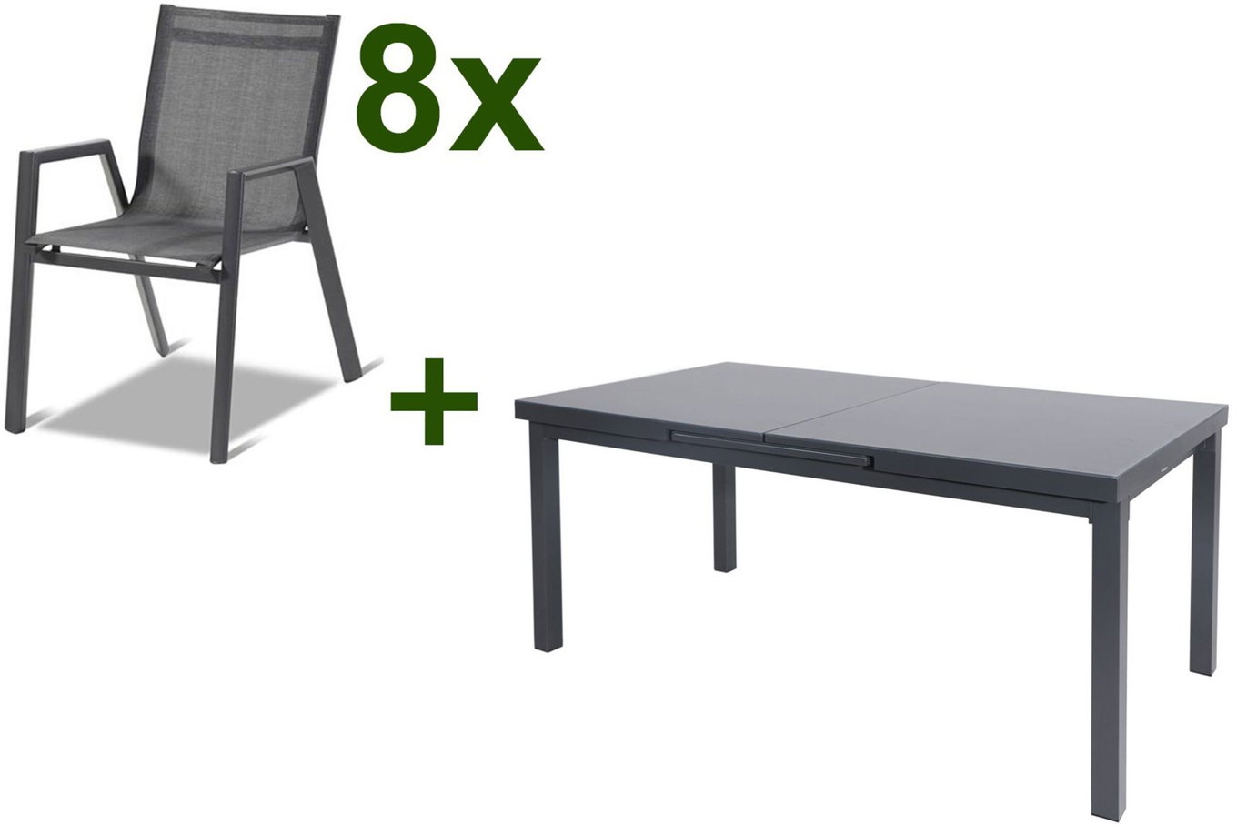 HARTMAN Aruba Garten-Essgruppe, xerix, Alu/Textilene, Tisch 180/240x100cm, 8 Stapelsessel 19346__1