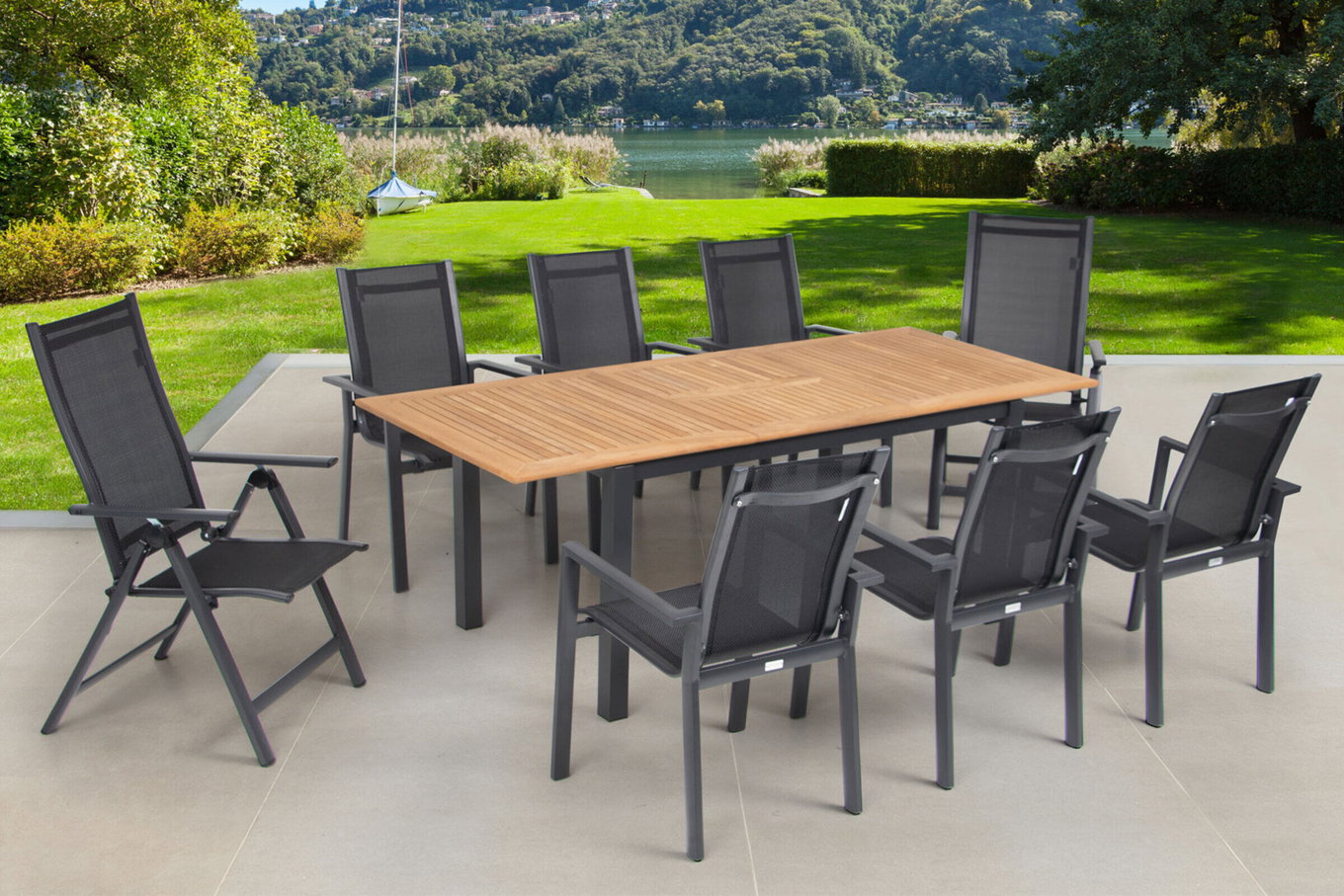 OUTFLEXX Garten-Essgruppe, OUTFLEXX® anthrazit matt, Alu / Teak / Textil, Ausziehtisch 150/210 x 90 cm, 6 Stapelsessel, 2 Klappstühle 22181__1