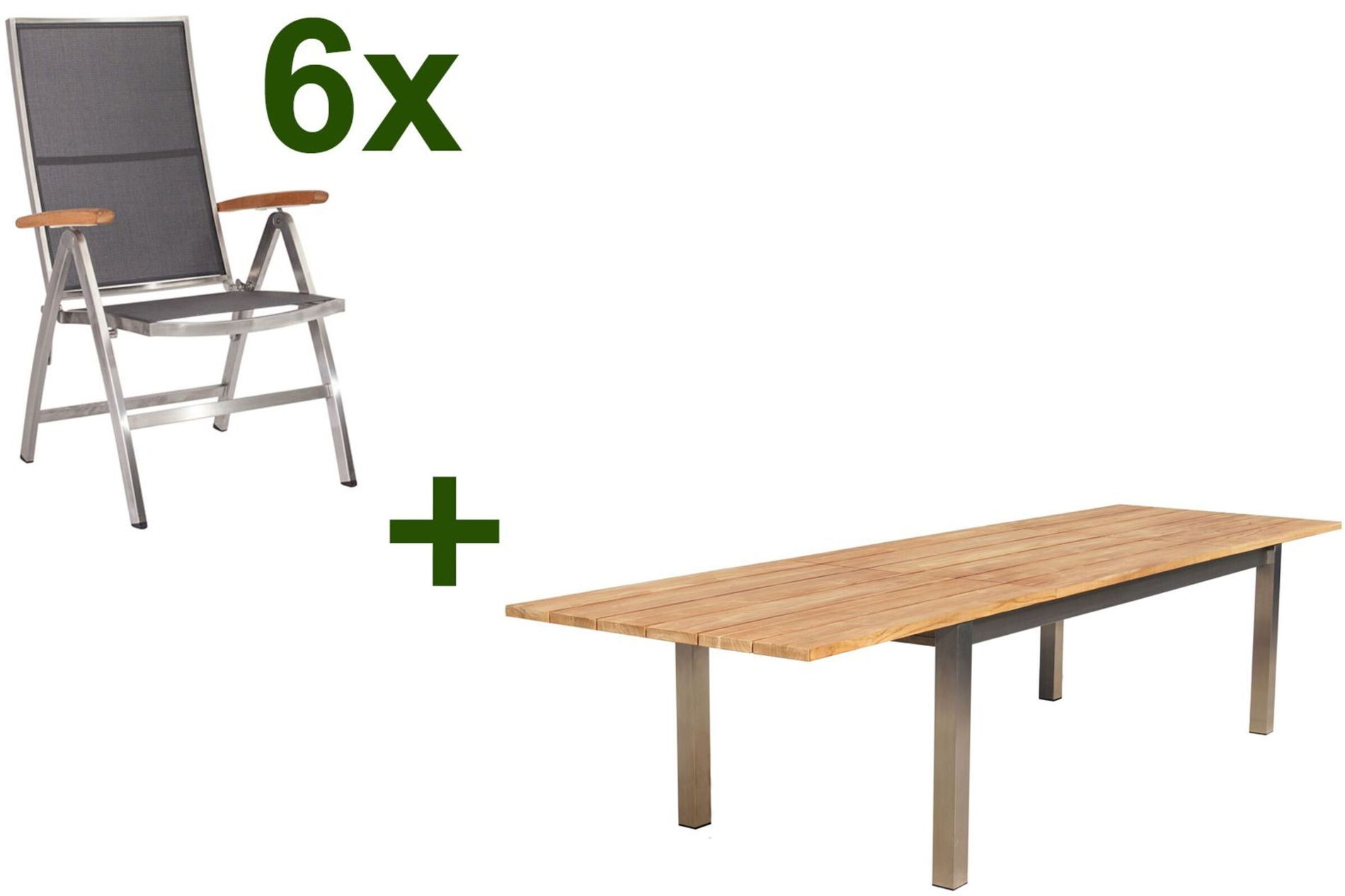 STERN Cardiff Garten-Essgruppe, silber/silbergrau, Edelstahl/Teak, Tisch 220/340 x 100 cm, 6 Klappstühle, FSC®-zertifiziertes Produkt 19745__1