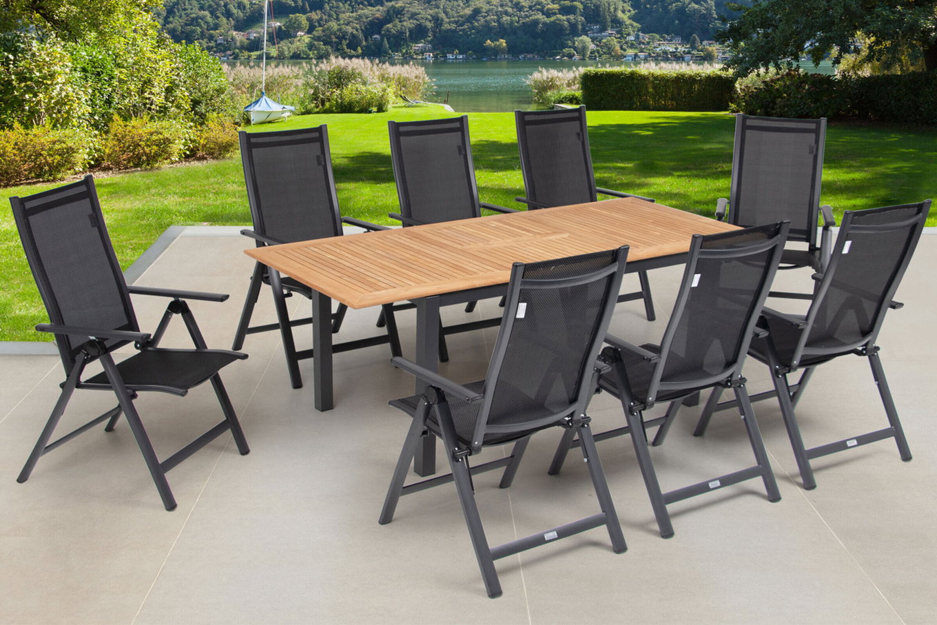 OUTFLEXX Garten-Essgruppe, OUTFLEXX® anthrazit matt, Alu / Teak / Textil, Ausziehtisch 150/210 x 90 cm, 8 Klappstühle 22175__1