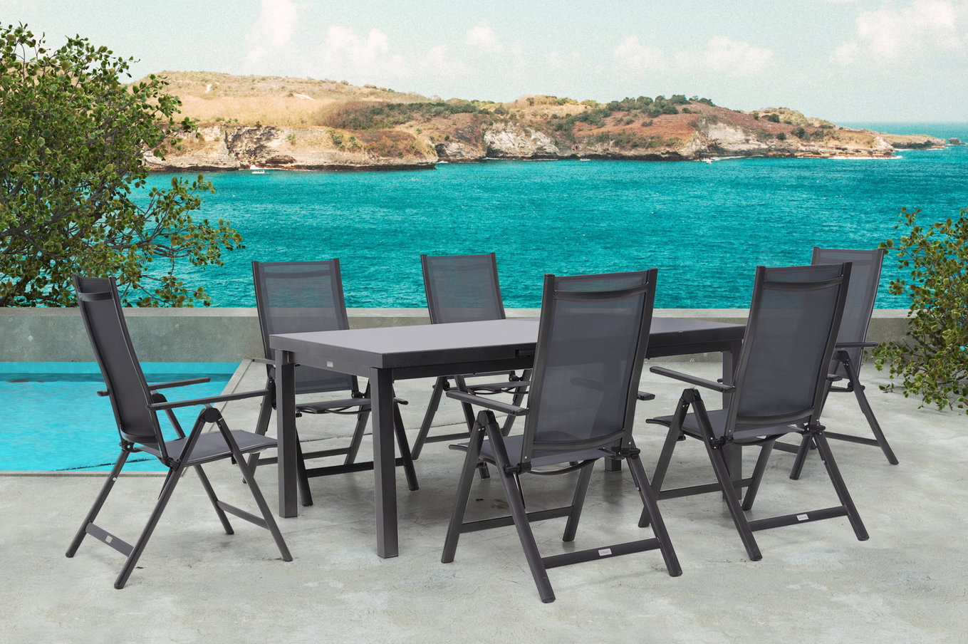 OUTFLEXX Premium Garten-Essgruppe, anthrazit/grau, Alu/Textilene, Ausziehtisch 180/240x100cm, 6 Klappstühle 21437__1
