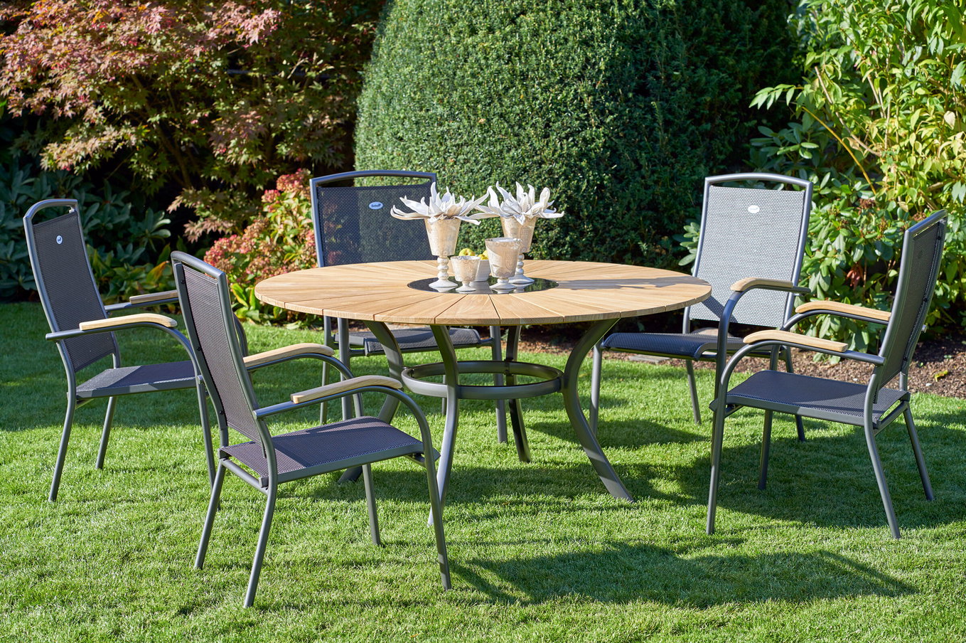 HARTMAN Provence / Raffaelo Garten-Essgruppe, xerix/anthrazit, Alu/Teakholz, 5 Stapelsessel, Ø150cm, inkl. Eiskühler 21188__1