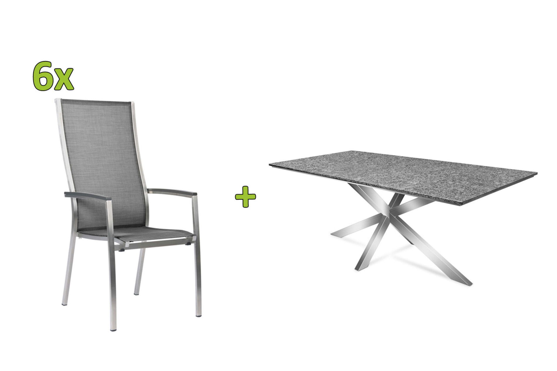 STERN Garten-Essgruppe, silbergrau/grau, Edelstahl/Textilene, Tisch 200 x 100 cm, 6 Stapelsessel, hohe Rückenlehne 22909__1