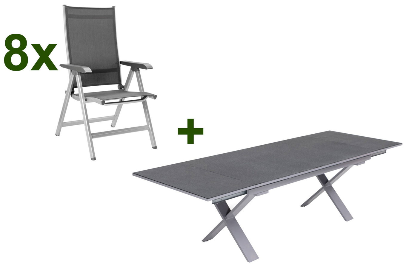 KETTLER BasicPlus Garten-Essgruppe, silber / anthrazit, Alu / Spraystone / Textil, Tisch 180/280x100cm, 8 Klappstühle 23008__1
