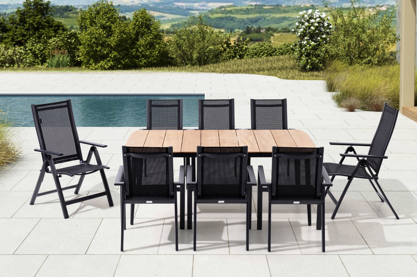 OUTFLEXX Garten-Essgruppe, anthrazit matt, Alu/Teak/Textil, 185 x 100 cm, 6 Stapelsessel, 2 Klappstühle 28212__1