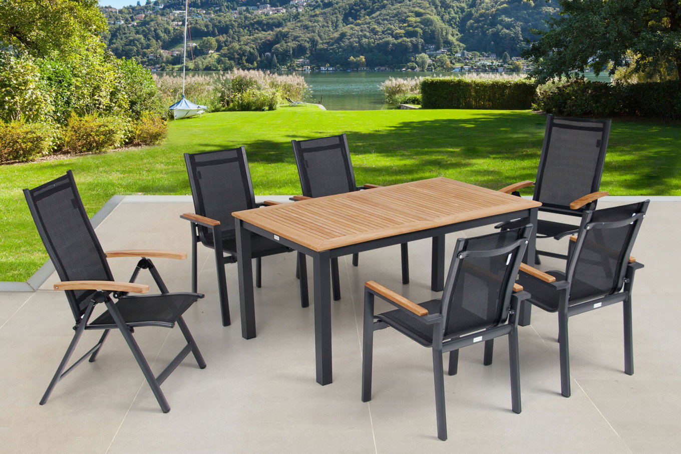 OUTFLEXX Garten-Essgruppe, OUTFLEXX® anthrazit matt, Alu / Teak / Textil, Tisch 150/210 x 90 cm, 4 Stapelsessel, 2 Klappstühle 22171__1