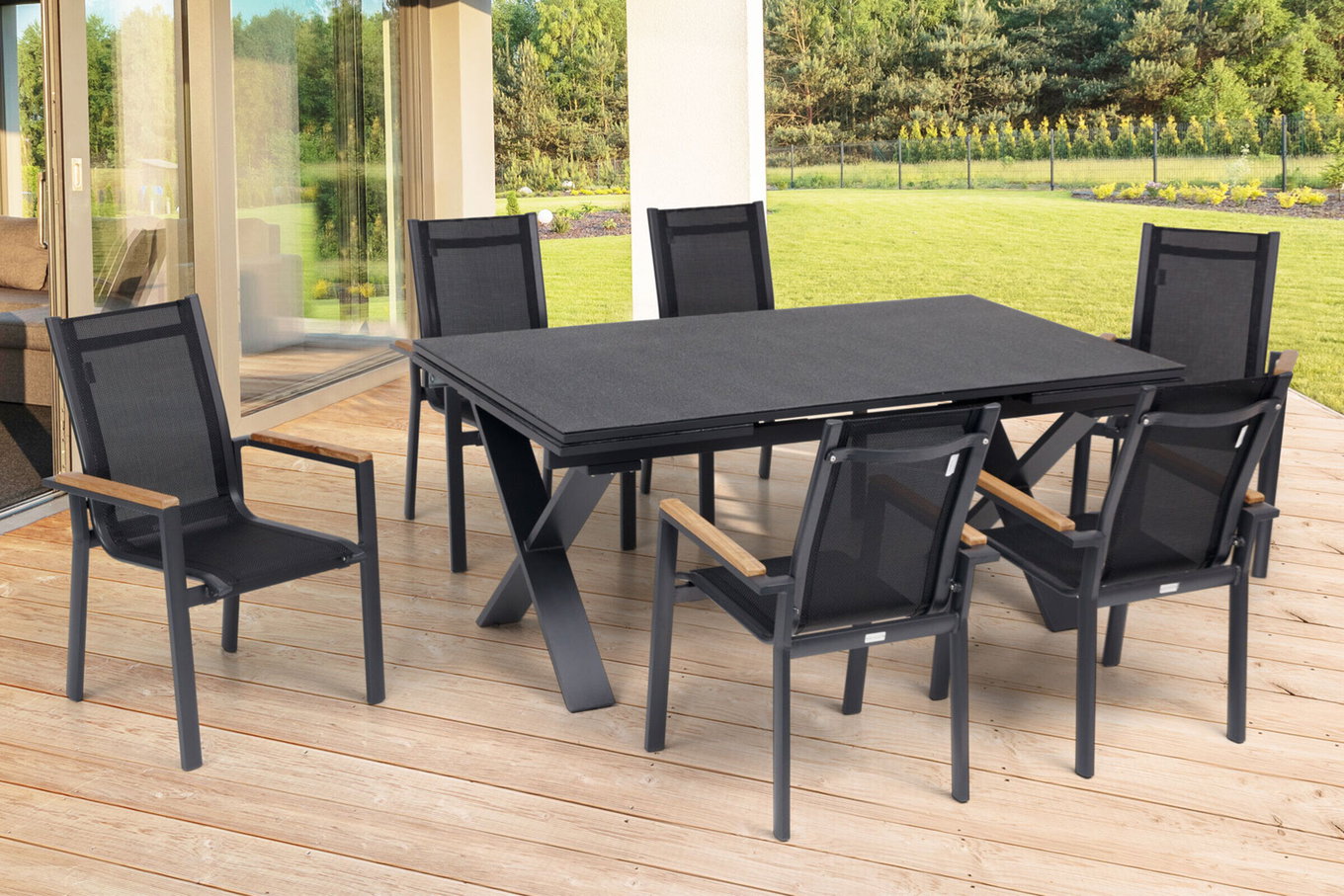 OUTFLEXX Garten-Essgruppe, OUTFLEXX® anthrazit matt, Alu / Spraystone / Teak, Tisch 180/280x100cm, 6 Stapelsessel 22127__1