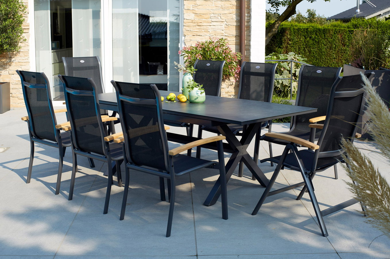 HARTMAN Xanadu / Alice Garten-Essgruppe, xerix/natur, Alu/Teak/Glaskeramik, 4x4 Textilen, 6 Dining Sessel, 2 Klappstühle, 160/220x100cm, Teak Armlehnen 23251__1