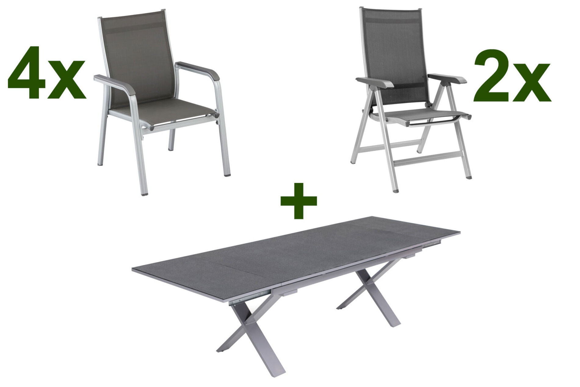 KETTLER BasicPlus Garten-Essgruppe, silber / anthrazit, Alu / Spraystone / Textil, Tisch 180/280 x 100 cm, 4 Stapelsessel, 2 Klappstühle 23013__1