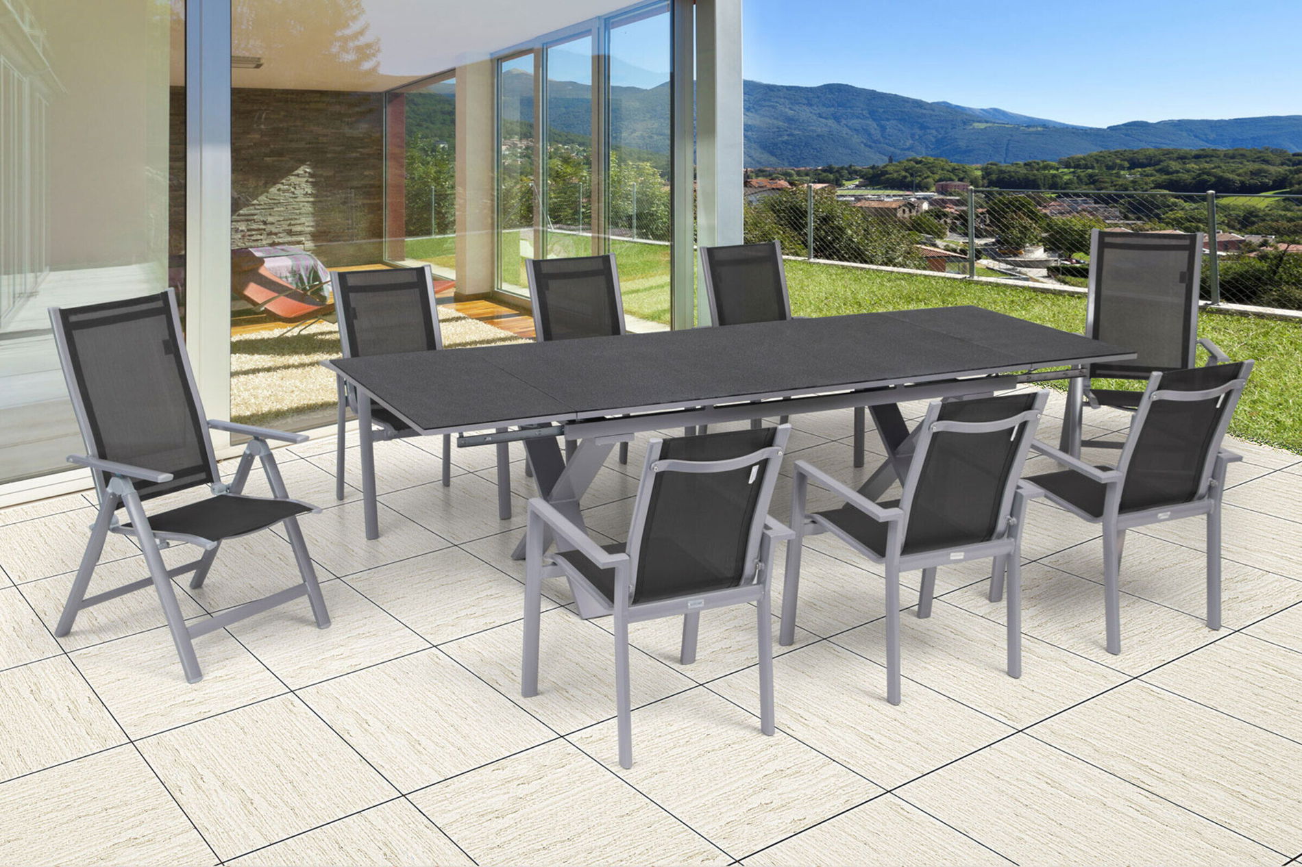 OUTFLEXX Garten-Essgruppe, silber, Alu / Keramik / Textil, Tisch 180/280 x 100 cm, 6 Stapelsessel, 2 Klappstühle 22218__1