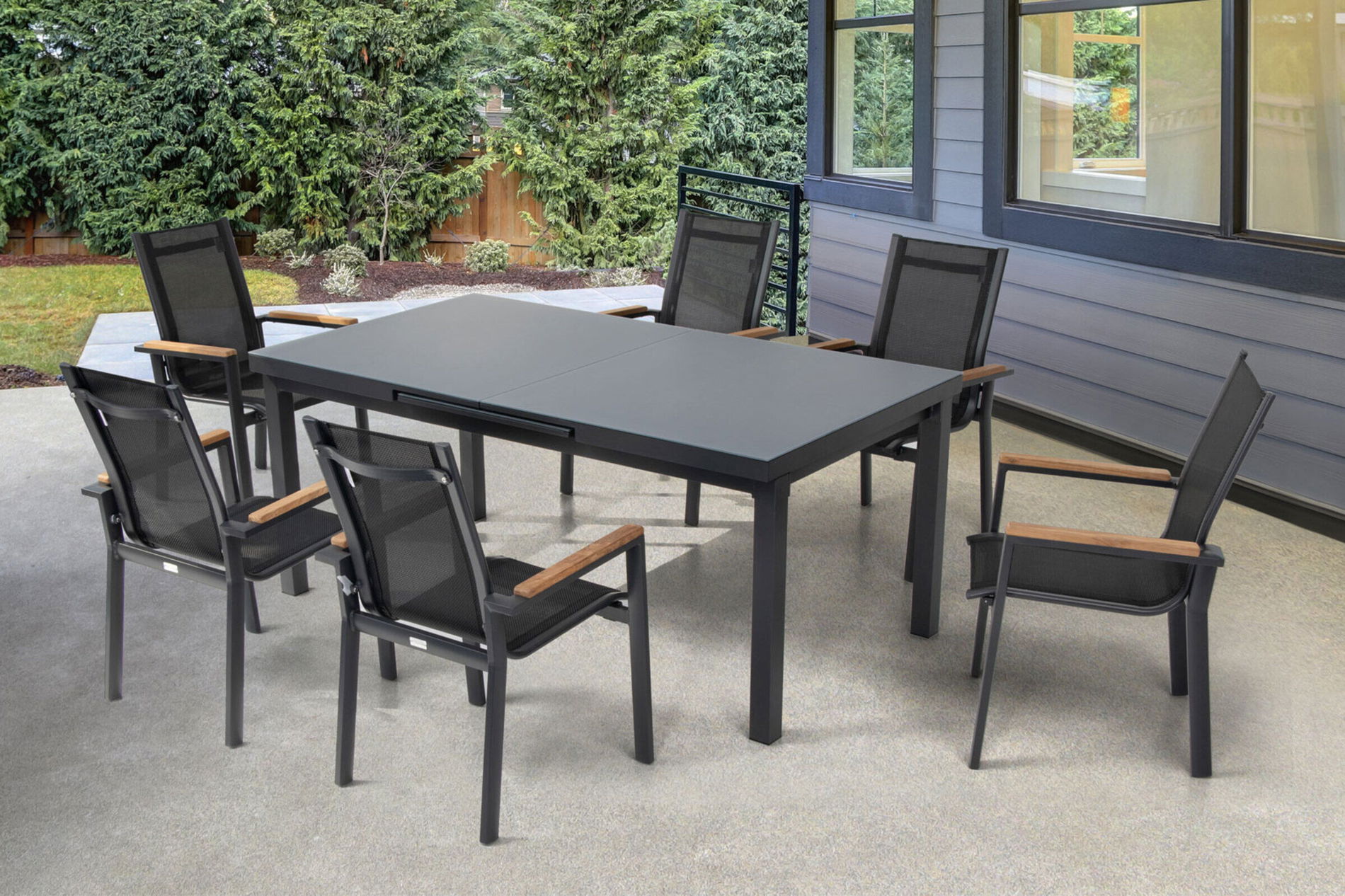 OUTFLEXX Premium Garten-Essgruppe, OUTFLEXX® anthrazit matt, Alu / Glas / Teak, Tisch 180/240x100cm, 6 Stapelsessel 22207__1