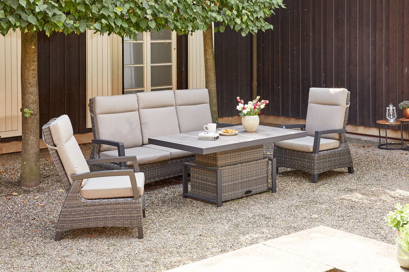 SIENA GARDEN Corido Gartenlounge, charcoal, Alu/Gardino®-Geflecht, 2 Loungesessel + 3er Sofa, stufenloser Lifttisch 160x90x47-71cm 21498__1