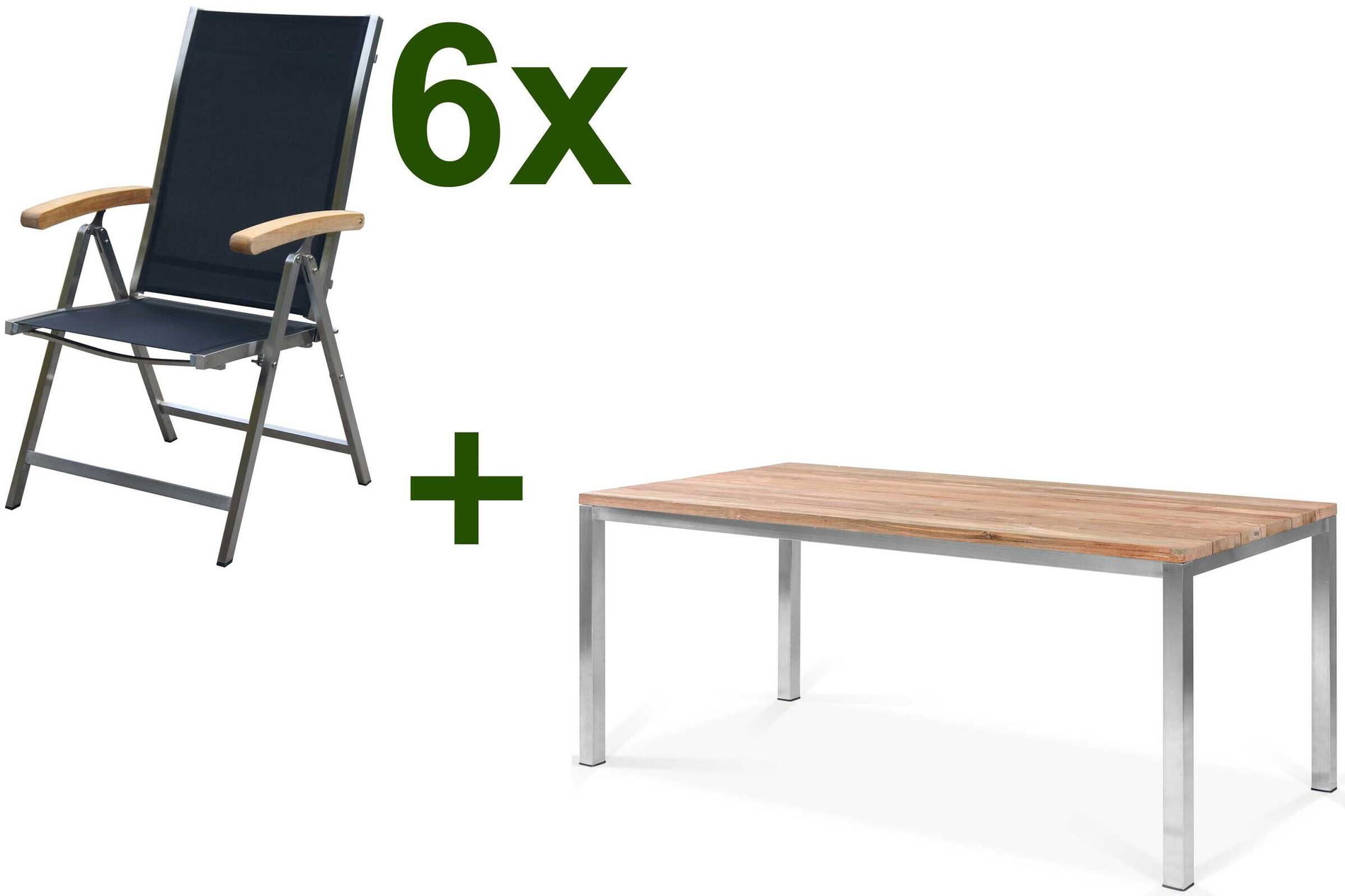 OUTFLEXX Garten-Essgruppe, Edelstahl/recyceltes Teak, Tisch 180 x 90 cm, 6 Klappstühle, schwarz, FSC®-zertifiziertes Produkt 17289__1